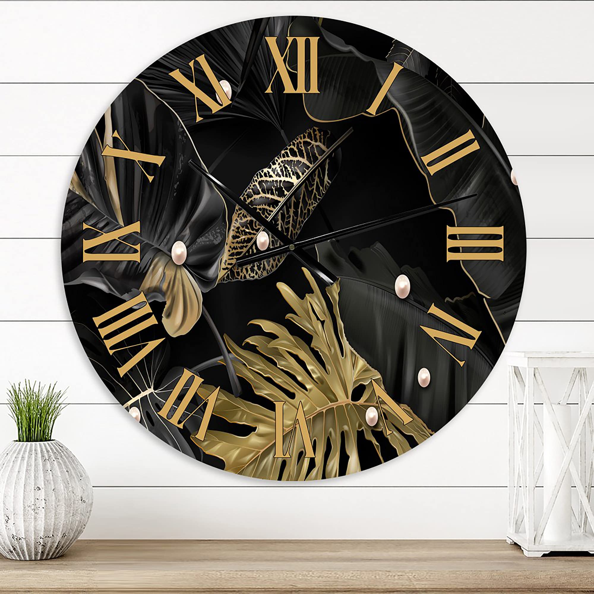 DesignQ Modern Wall Clock - Black & Gold Tropical Leaves III - Large Floral Botanical Wall Clock for Living Room, Bedroom, Office Decor - Perfect for Home, Office & Gift Giving