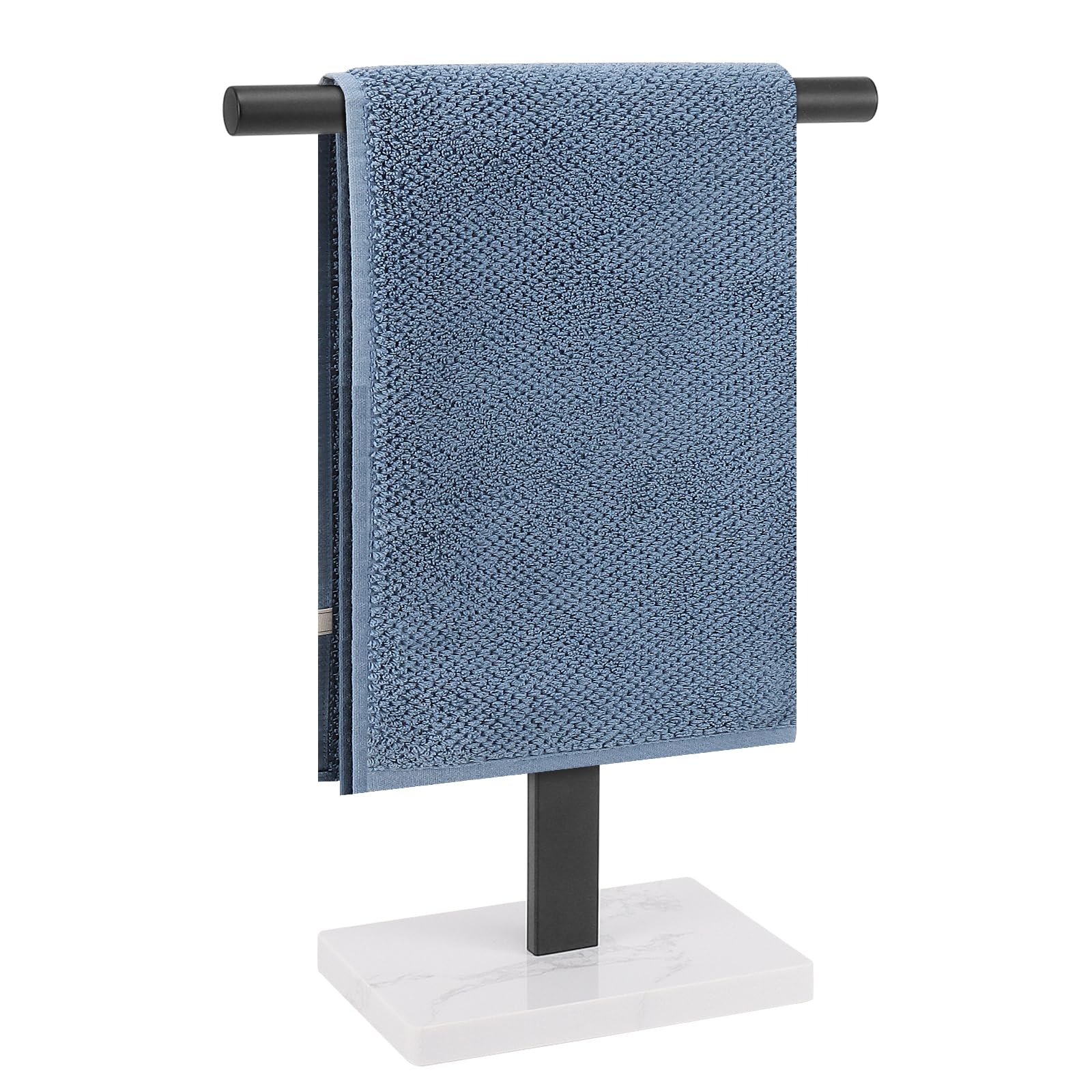 Stainless Steel T-Shape Hand Towel Holder Stand - 14 Inch Bathroom & Kitchen Towel Rack with Marble Base (Black) | Perfect for Vanity Countertops, Sink Areas & Guest Bathrooms