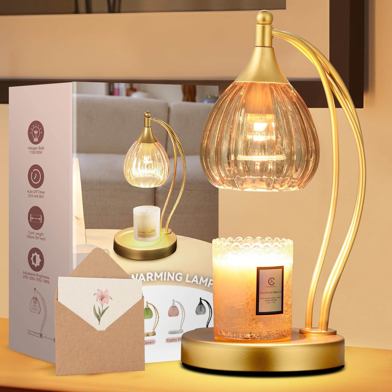 Electric Candle Warmer Lamp with Timer & Dimmer - Scented Jar Candle Melter for Home Decor, Housewarming Gifts - Amber Glass Aromatherapy Light for Bedroom, Living Room & Office Relaxation
