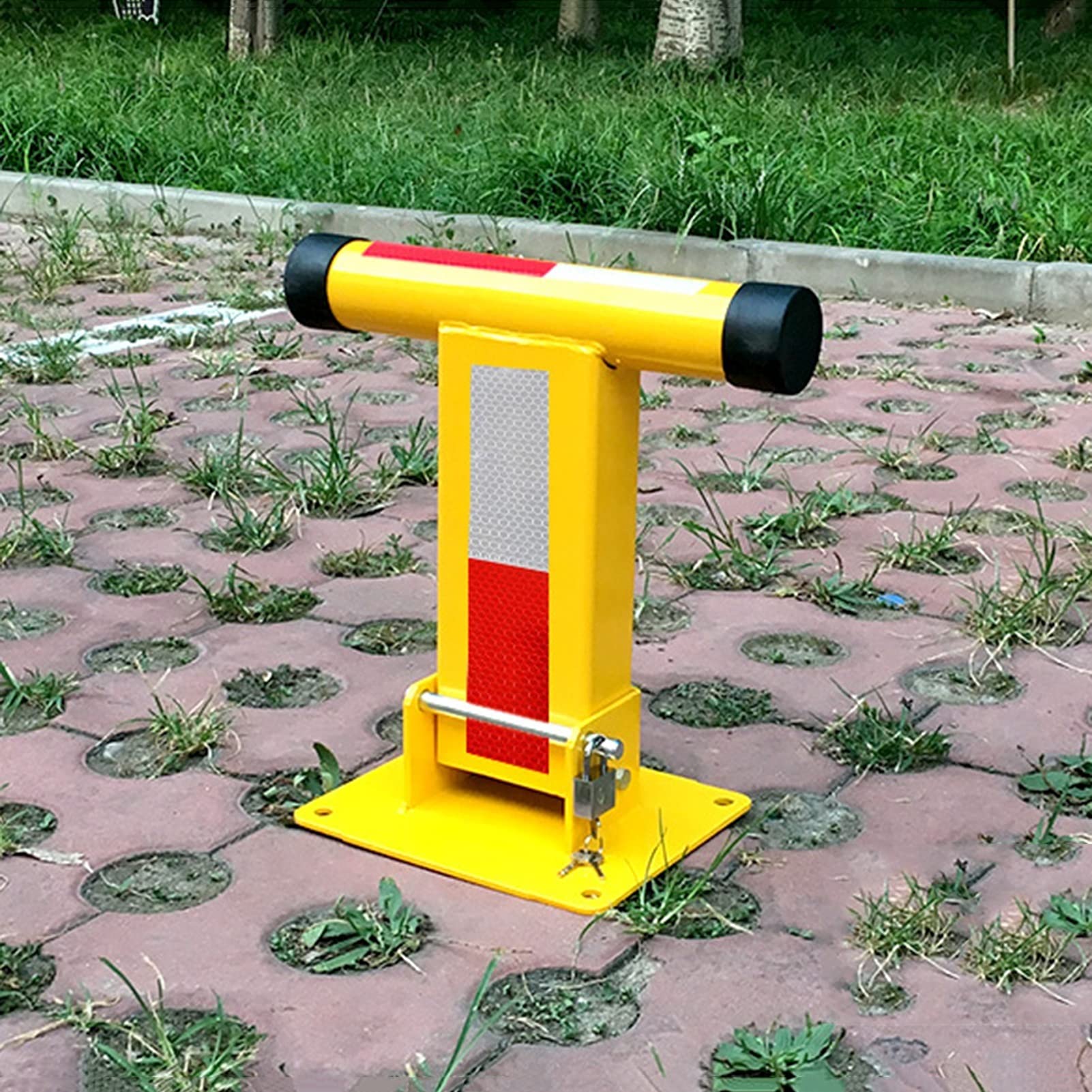 Foldable Parking Barrier 37.7cm - Heavy Duty Steel Manual Parking Blocker with Lock & Screws - Anti-Theft Security Pole for Driveway, Garage & Parking Lot Safety