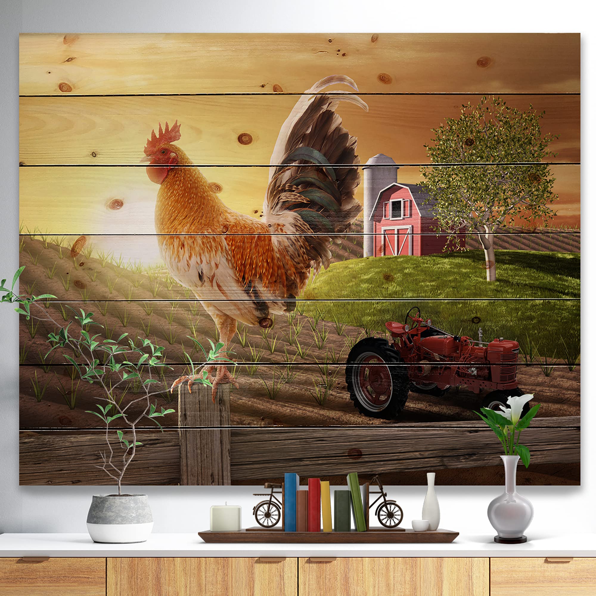 Rustic Farmhouse Wood Wall Art - Country Morning Scene with Large Animals, Natural Pine Wood Decor for Living Room, Bedroom & Farmhouse Style Homes