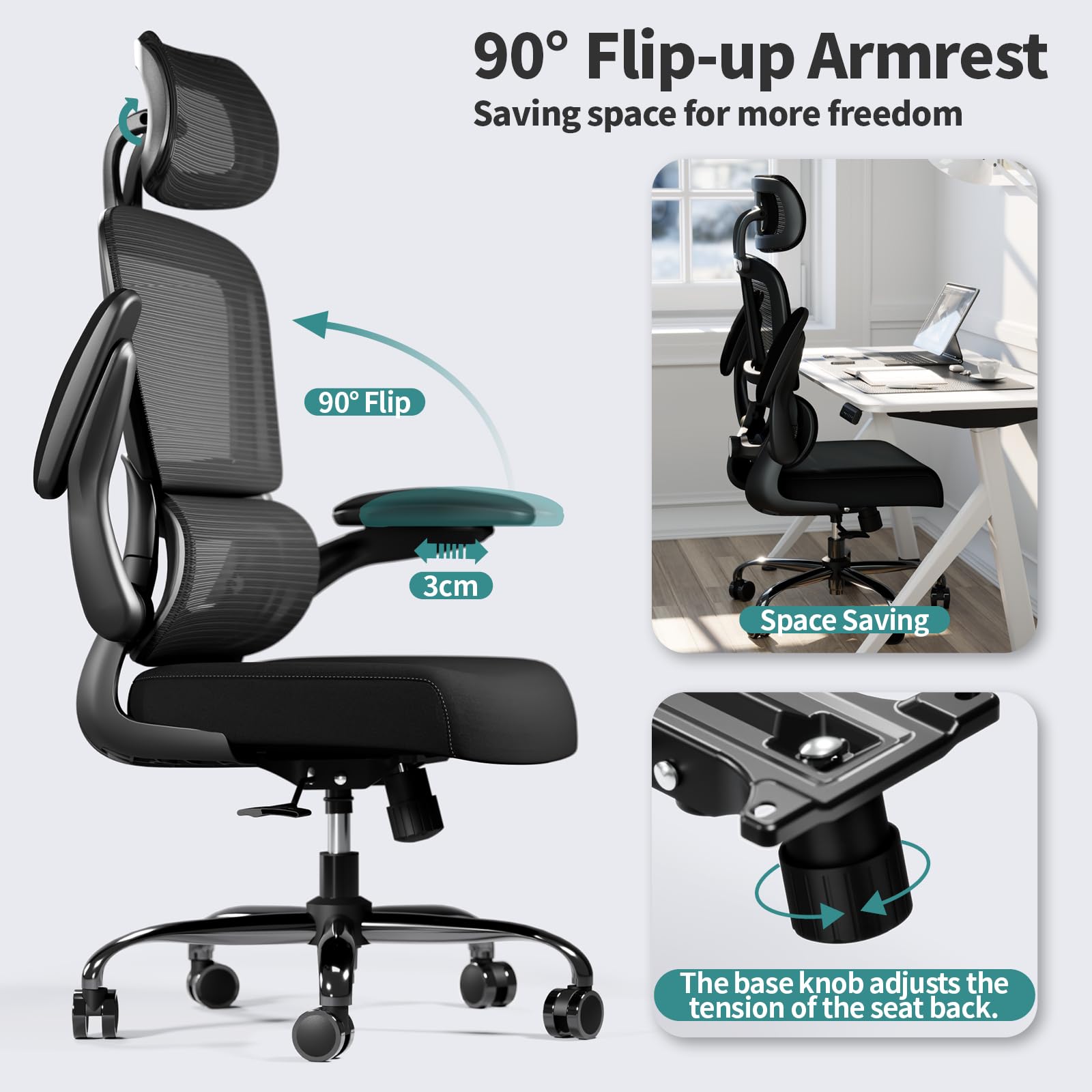 Ergonomic Office Chair with Wheels - 330 LBS Capacity High Back Mesh Desk Chair for Home & Gaming - Comfortable Computer Chair for Long Hours Work (Black) - Perfect for Home Office, Gaming Setup & Workspaces