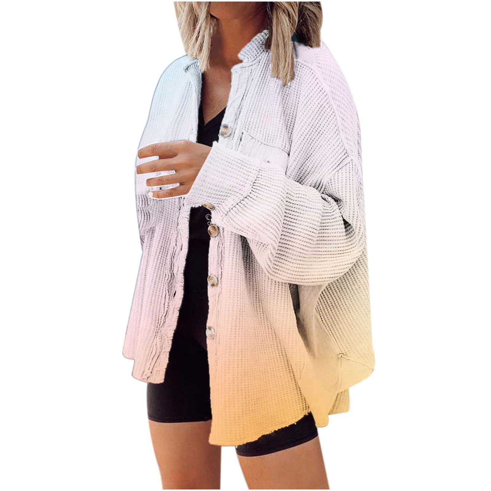 Women's Loose Fit Batwing Sleeve Waffle Knit Button Down Shirt Shacket - Casual Sweater Blouse for Ladies | Perfect for Fall Layering, Weekend Outings & Office Wear