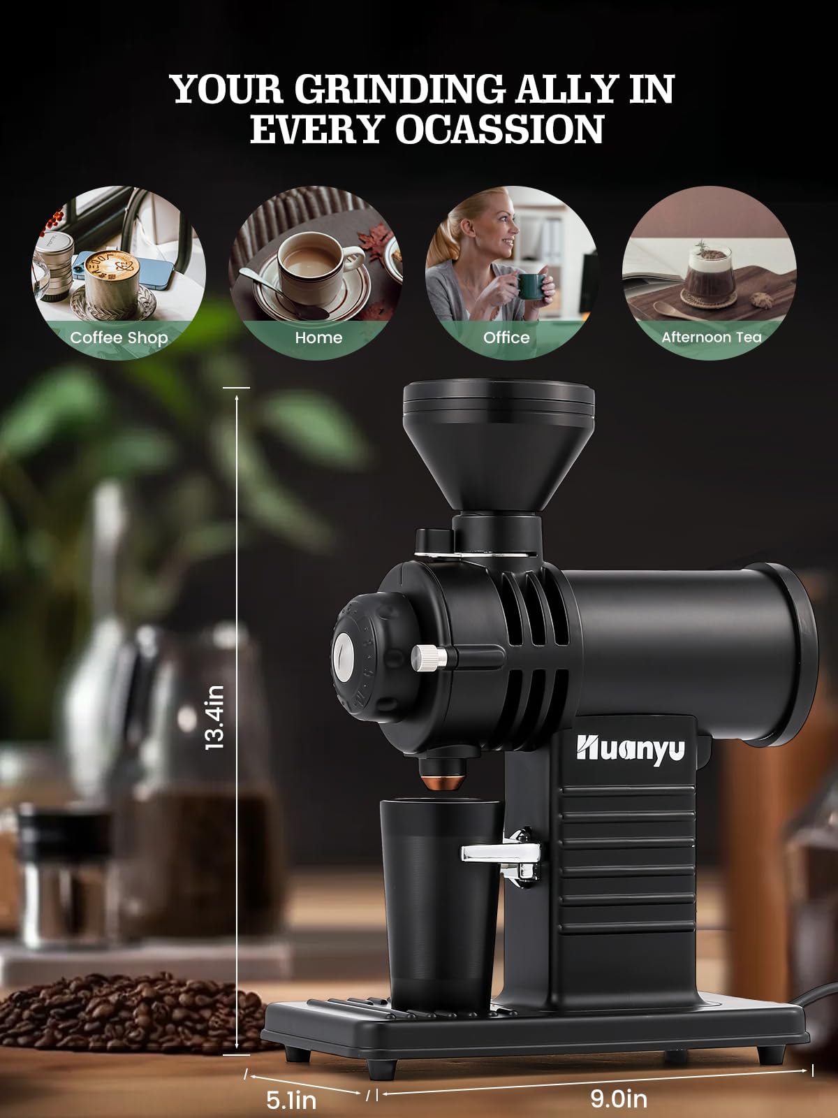 Premium Electric Coffee Grinder with Titanium Shark Teeth Burr - Dual Control Modes for Espresso, French Press & Pour Over - Quiet & Fast Coffee Mill for Home & Office Use (Black)