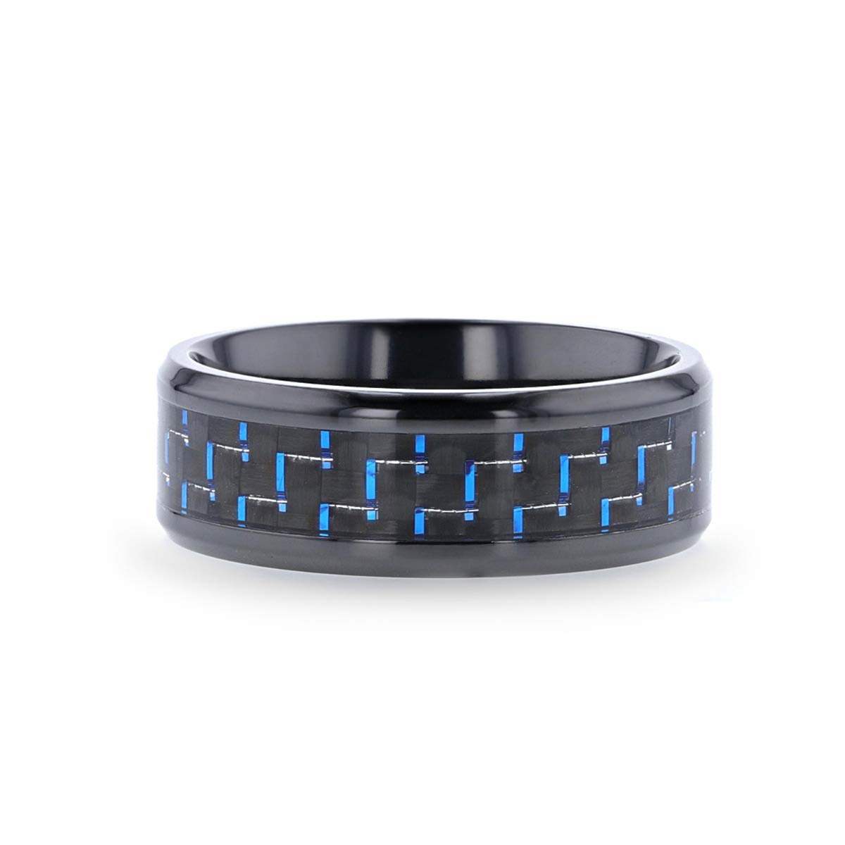 Zayden Men's Black Titanium Ring with Blue & Black Carbon Fiber Inlay - 8mm Comfort Fit Wedding Band for Men, Durable Beveled Edges Titanium Ring for Daily Wear & Special Occasions