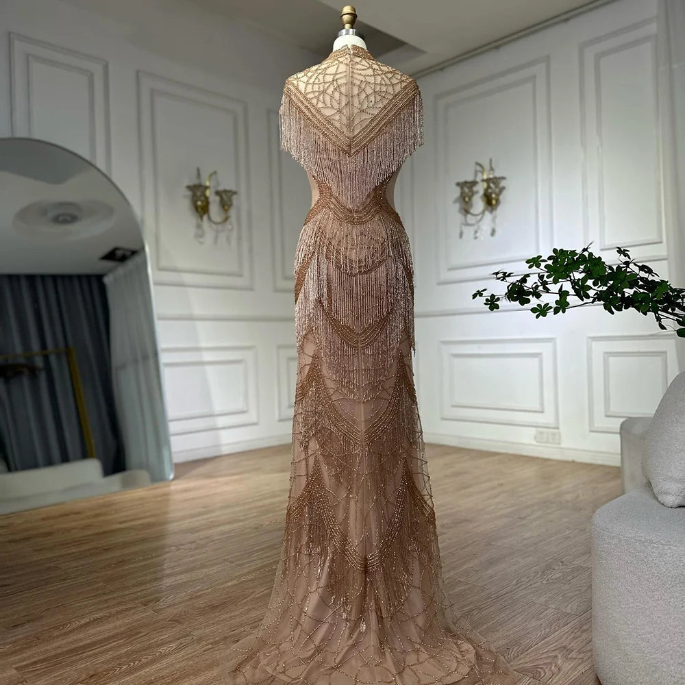 Elegant Grey Mermaid Evening Gown with Cap Sleeves & Beaded Tassels - Women's Luxury Party Dress for Prom, Gala & Special Occasions - Serene Hill Collection LA70529