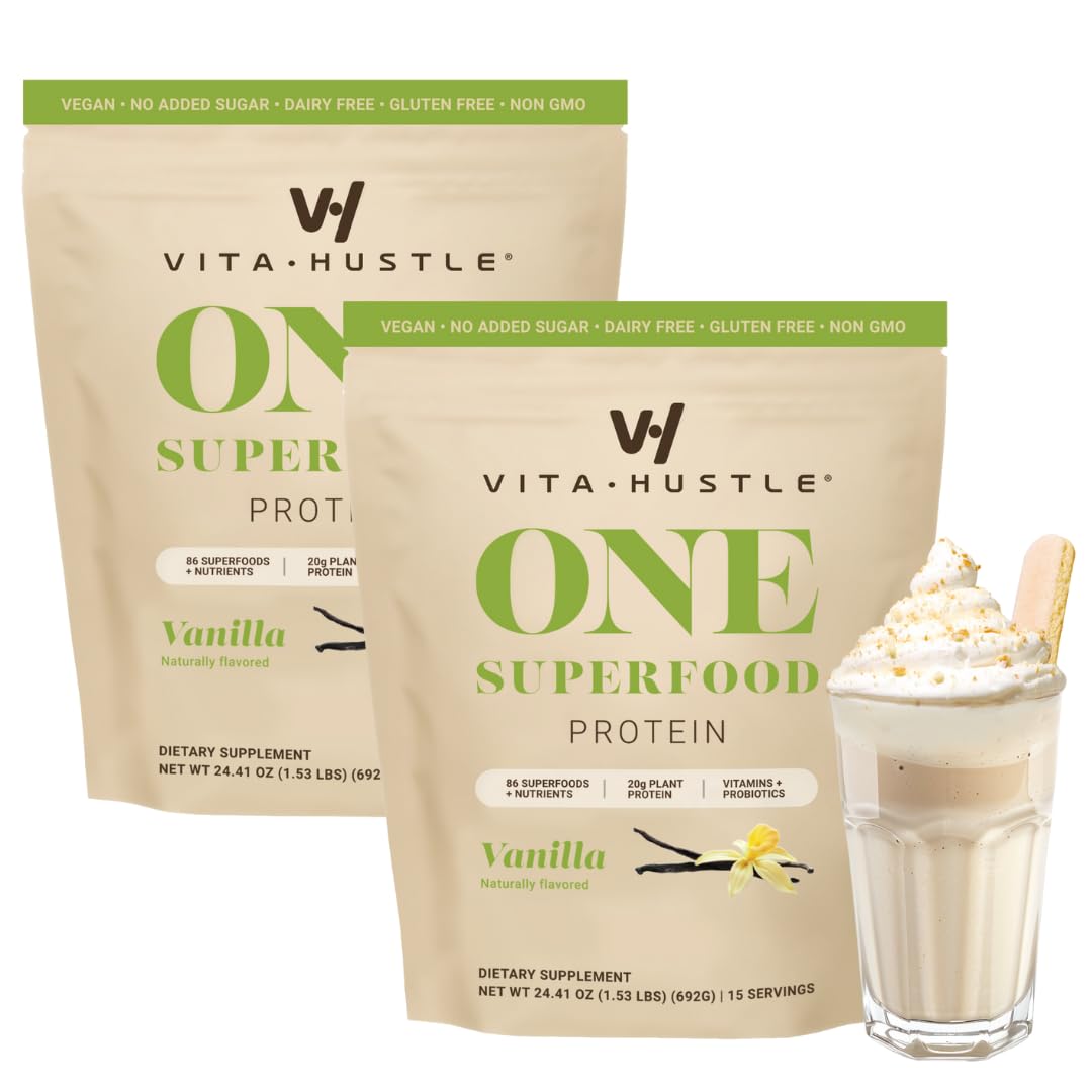 VitaHustle ONE Plant-Based Meal Replacement Shake by Kevin Hart - Vegan Protein Powder with Superfoods, Vitamins, Adaptogens & Probiotics - Vanilla Flavor, 30 Servings - Perfect for Post-Workout Recovery, Weight Management & Busy Lifestyles