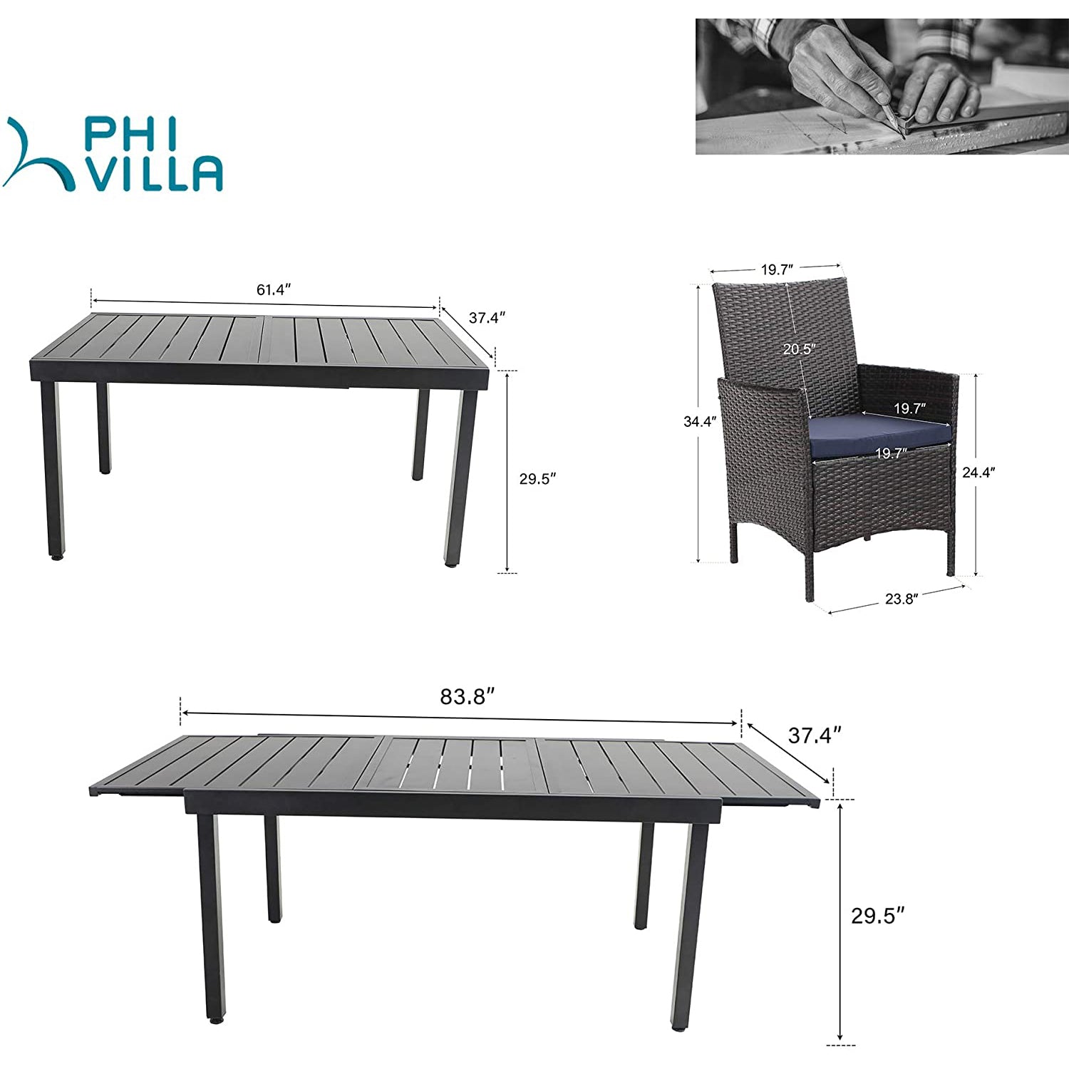 PHI VILLA 4-Piece Rattan Wicker Dining Set with Cushioned Chairs & Extendable Table - Outdoor Patio Furniture for Garden, Poolside, and Backyard Dining