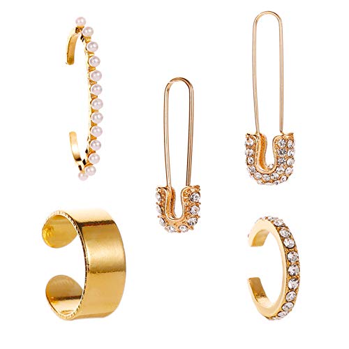 ASMITA 14K Gold 4-5PCS Safety Pin Dangle Earrings with Cubic Zirconia - Cartilage Hoop Earrings Set for Women - Trendy Jewelry for Parties, Weddings & Everyday Wear