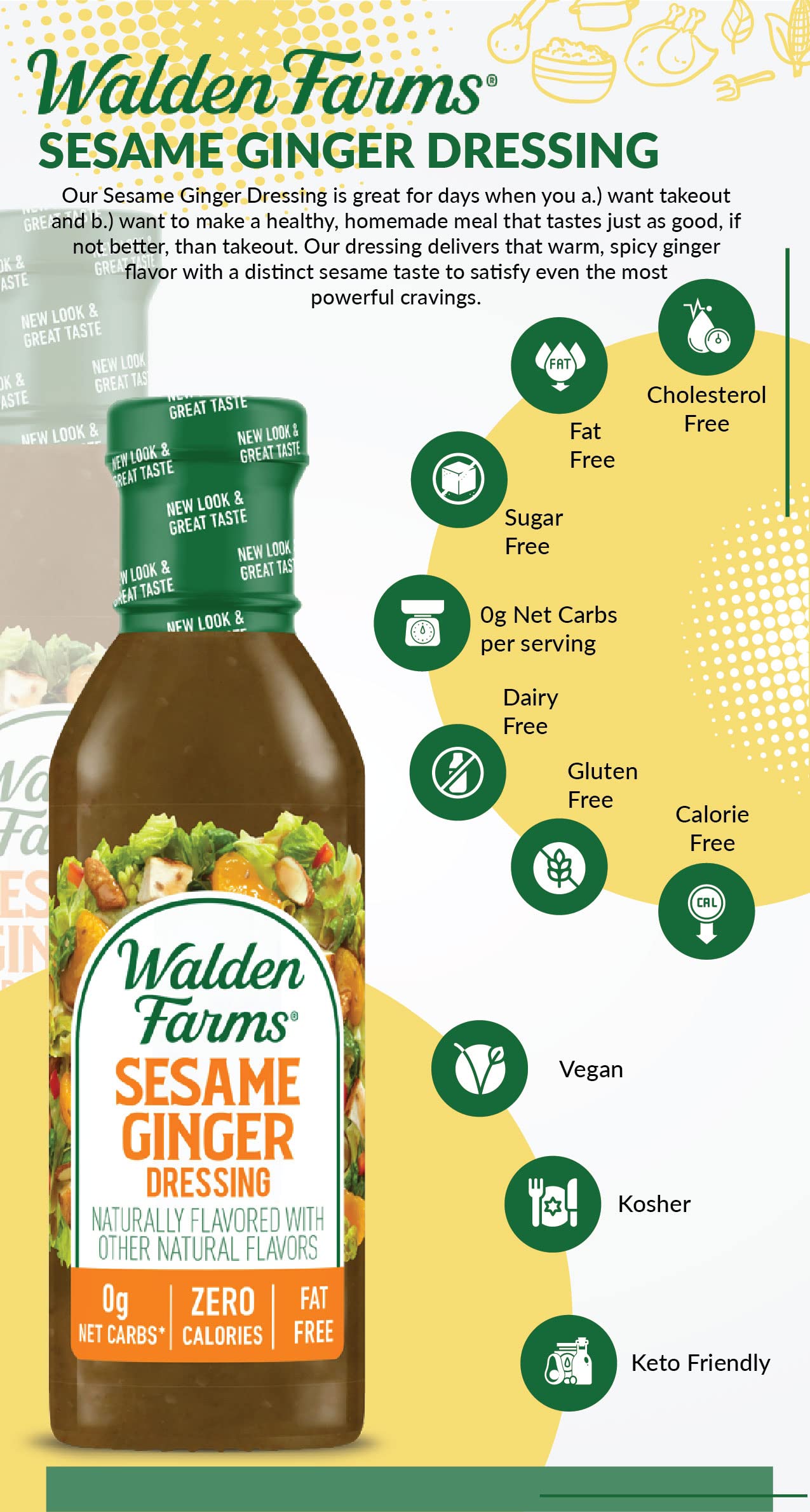 Walden Farms Sesame Ginger Salad Dressing - 12 Fl Oz (Pack of 1) | Sugar Free, Gluten Free, Vegan | Perfect for Salads, Marinades & Dipping Sauces