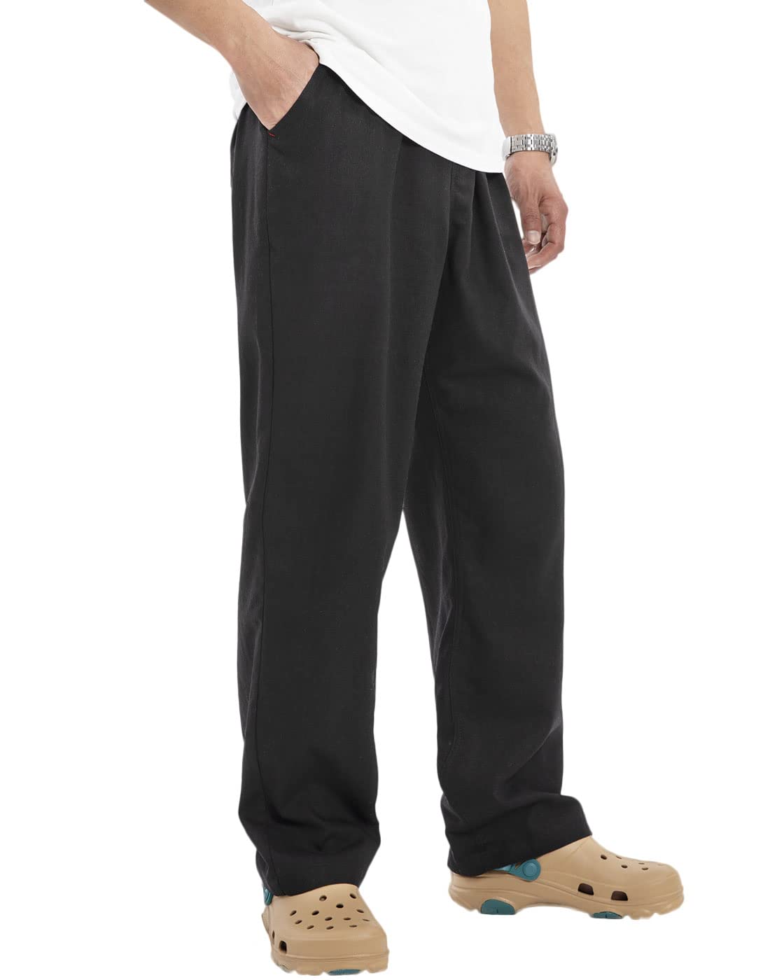 Bonnorth Men's Linen Casual Pants - Elastic Waist Drawstring Wide Leg Comfortable Summer Trousers for Outdoor, Travel & Lounge Wear