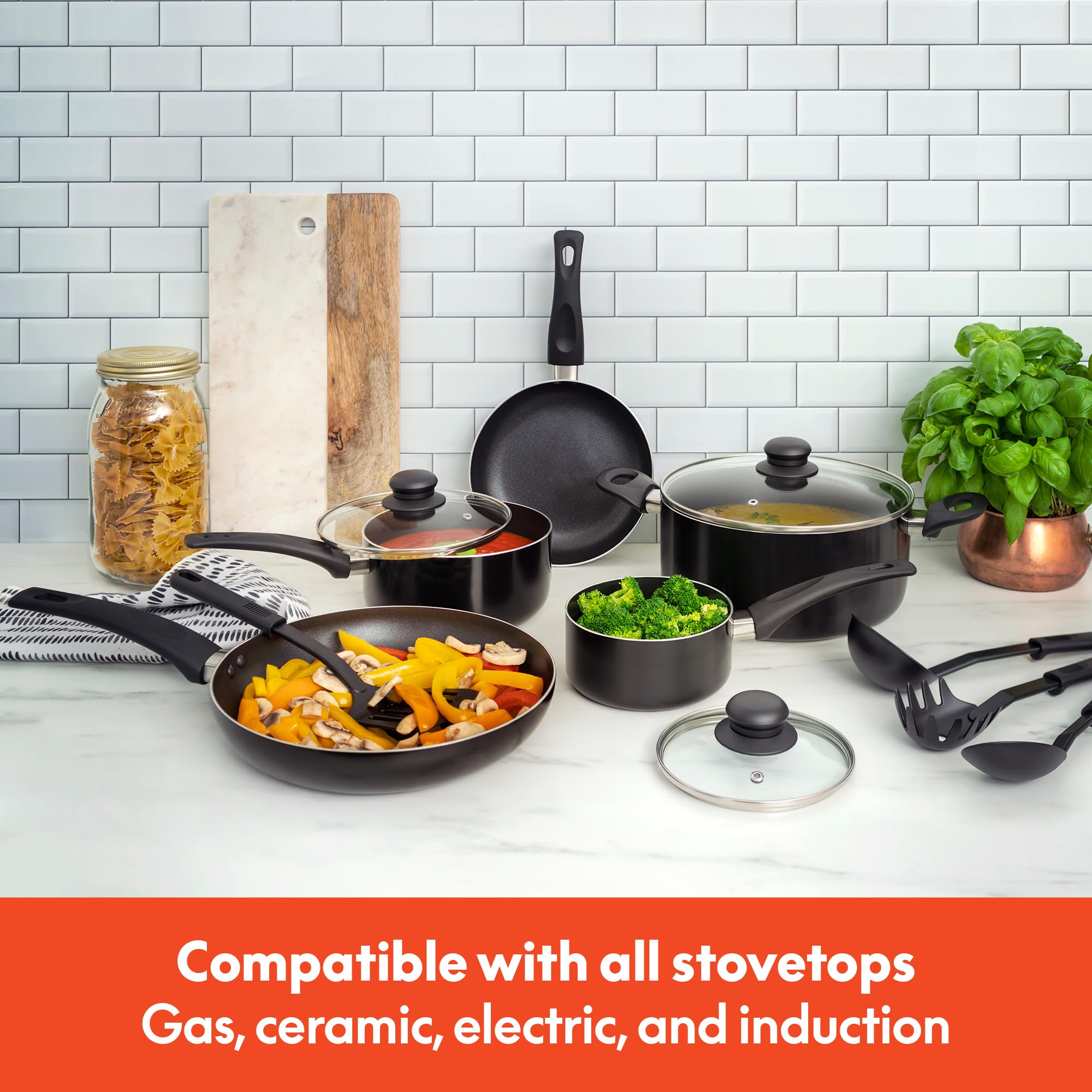 Bella 12-Piece Nonstick Cookware Set - PFOA-Free Pots and Pans with Utensils, Scratch-Resistant Aluminum Cooking Surface for Gas, Electric & Induction Stoves - Perfect for Everyday Cooking, Family Meals & Professional Kitchens