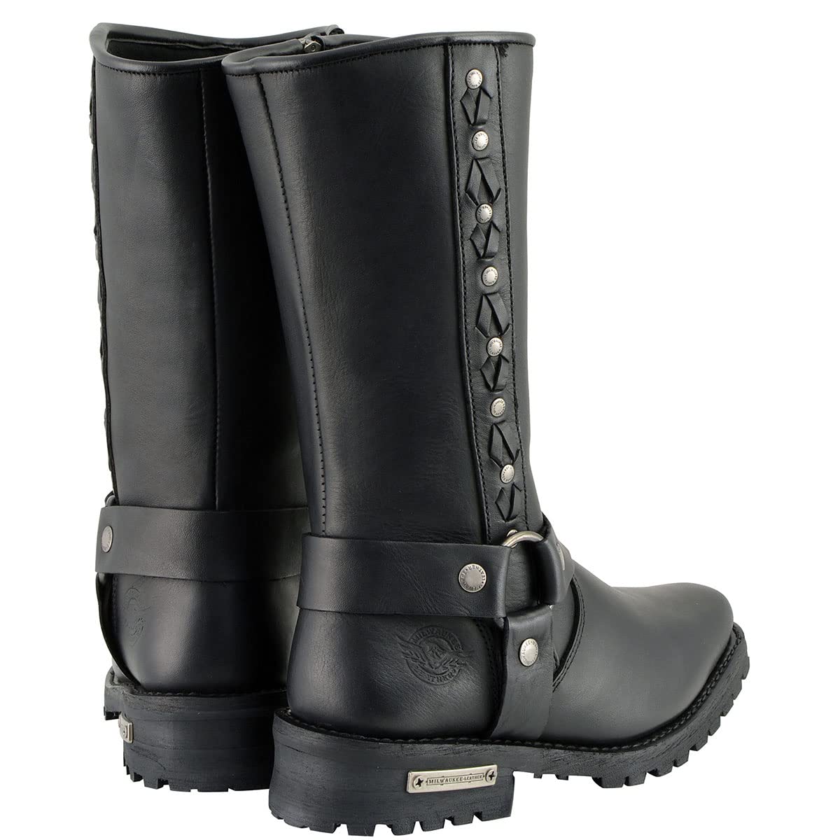 Milwaukee Leather MBM9025 Men's Black Leather Motorcycle Boots with Braid & Riveted Details - Durable Riding Boots for Harley Davidson & Cruiser Bikes