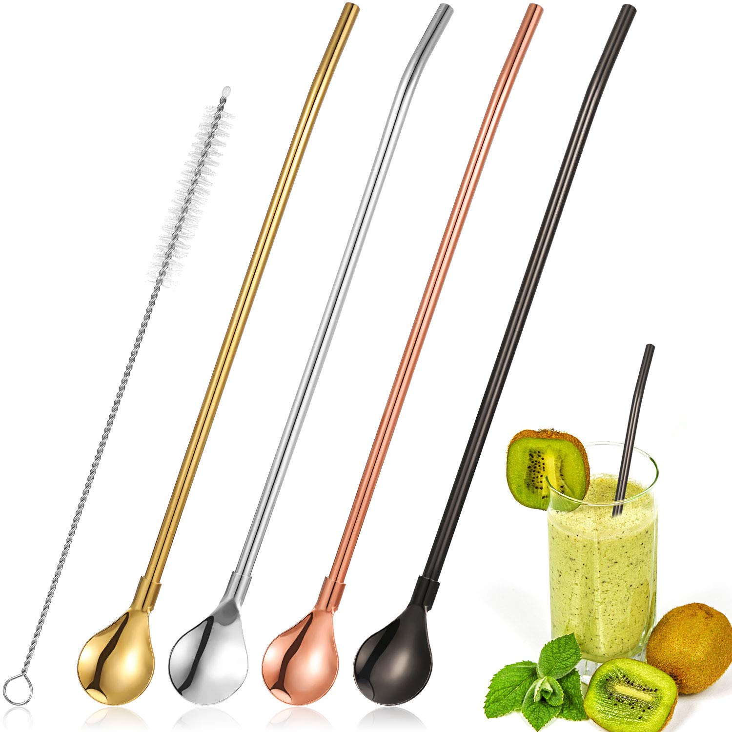 4-Pack Reusable Stainless Steel Spoon Straws with Cleaning Brush - Eco-Friendly Metal Drinking Straws for Smoothies, Cocktails, Iced Coffee & Bubble Tea