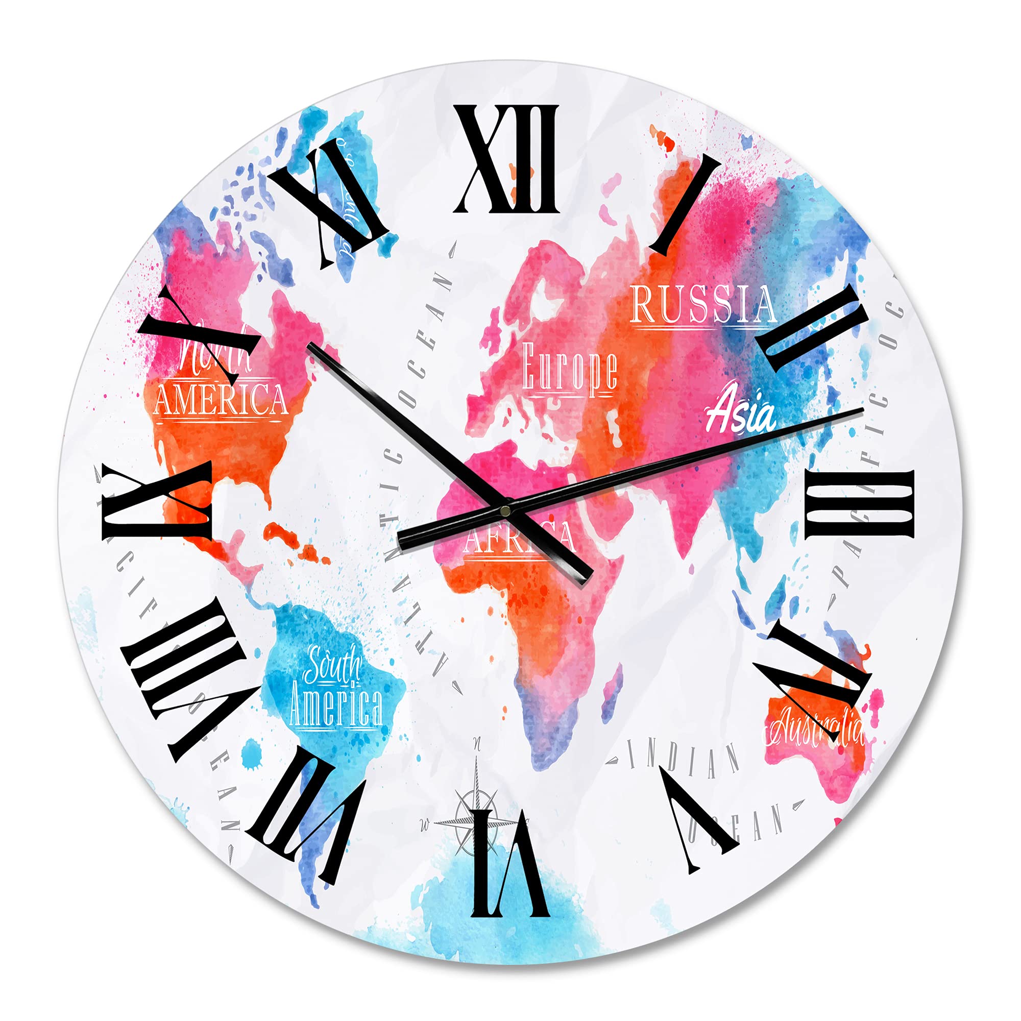 DesignQ Modern Pink and Blue World Map Wall Clock - Large Decorative Clock for Kitchen, Living Room, Office & Bedroom | Silent Non-Ticking Home Decor