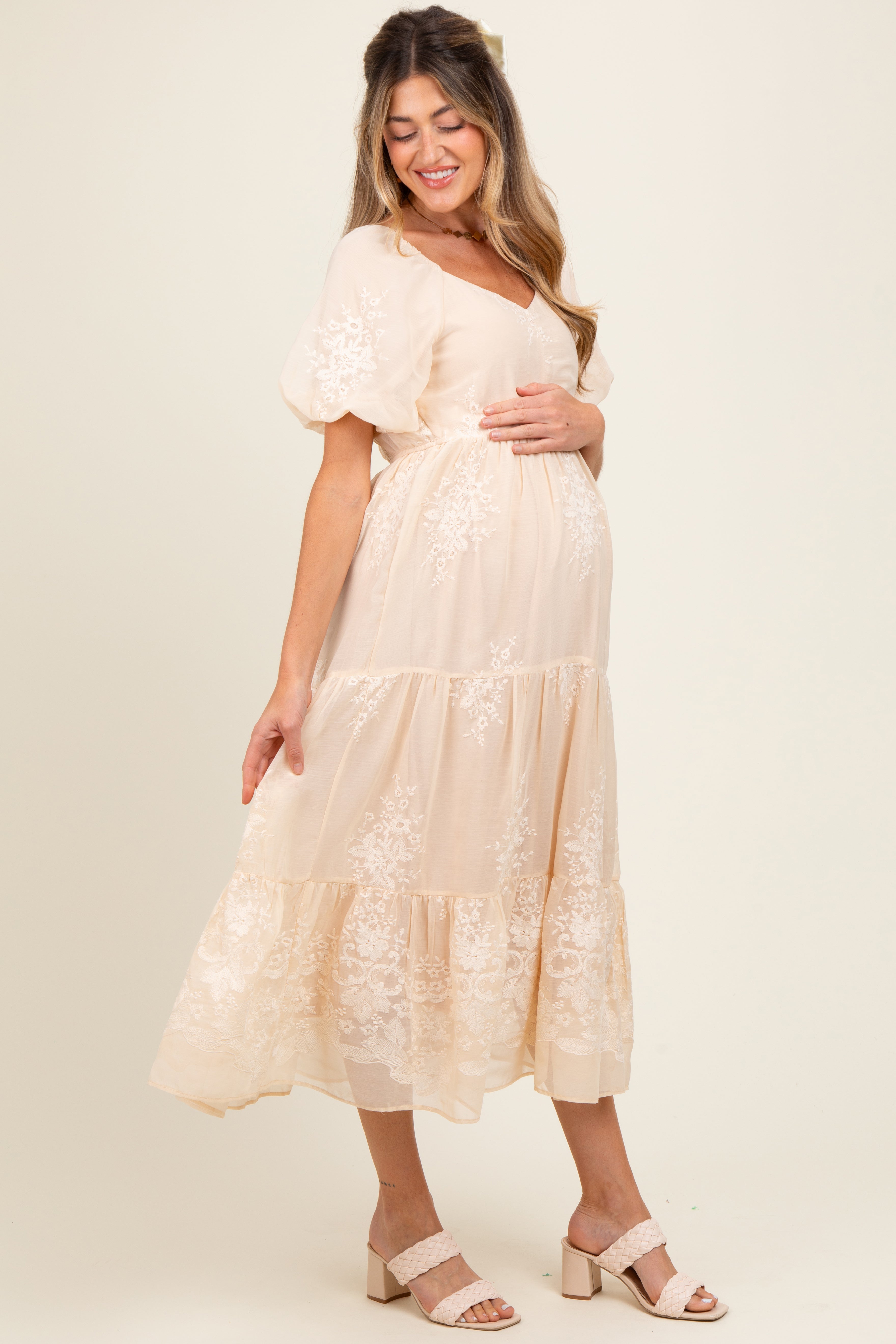 Beige Floral Embroidered Chiffon Maternity Midi Dress for Pregnancy - Elegant & Comfortable Maternity Wear for Baby Shower, Wedding, and Special Occasions