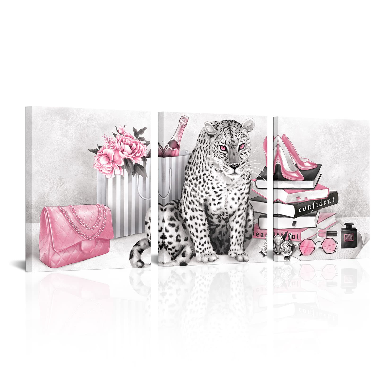 Pink Leopard Cheetah Framed Canvas Wall Art - 3 Piece Set (16x20 Inches) Ready to Hang - Glam Fashion Bedroom Decor for Women - Perfect for Home, Office & Gift Giving