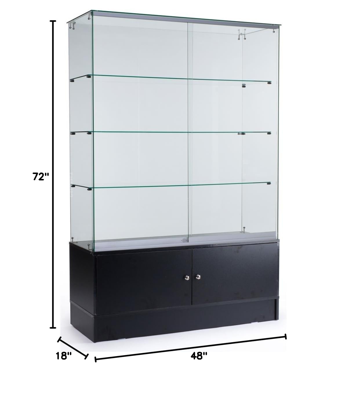 48 Inch Glass Display Cabinet with 3 Adjustable Shelves & Base Storage - Black Sliding Door Showcase for Retail Stores, Home Decor & Collectibles Display