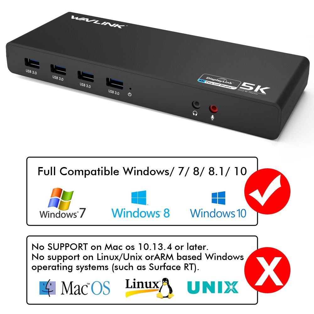 WAVLINK USB-C Docking Station with 2X HDMI & DisplayPort, 5K & Dual 4K Display, 6xUSB 3.0 Ports, Gigabit Ethernet, Audio/Mic - Compatible with Mac OS & Windows Laptops - Perfect for Home Office & Multi-Monitor Setup