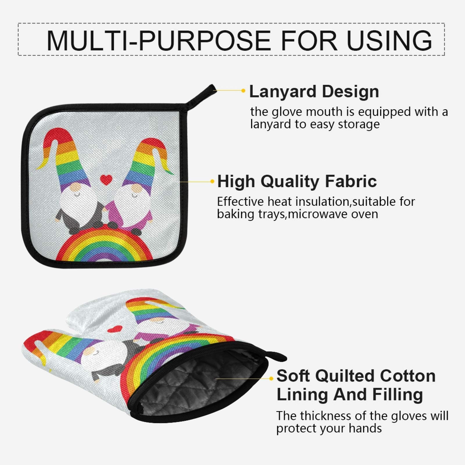 **LGBT Pride Rainbow Oven Mitts and Pot Holders Set – Heat Resistant Kitchen Gloves for Baking, Cooking & BBQ – Perfect for Valentine's Day & LGBTQ+ Celebrations**    *(Use: Protect hands while cooking, baking, or grilling—ideal for Pride Month, Valentine's gifts, or everyday kitchen use!)*