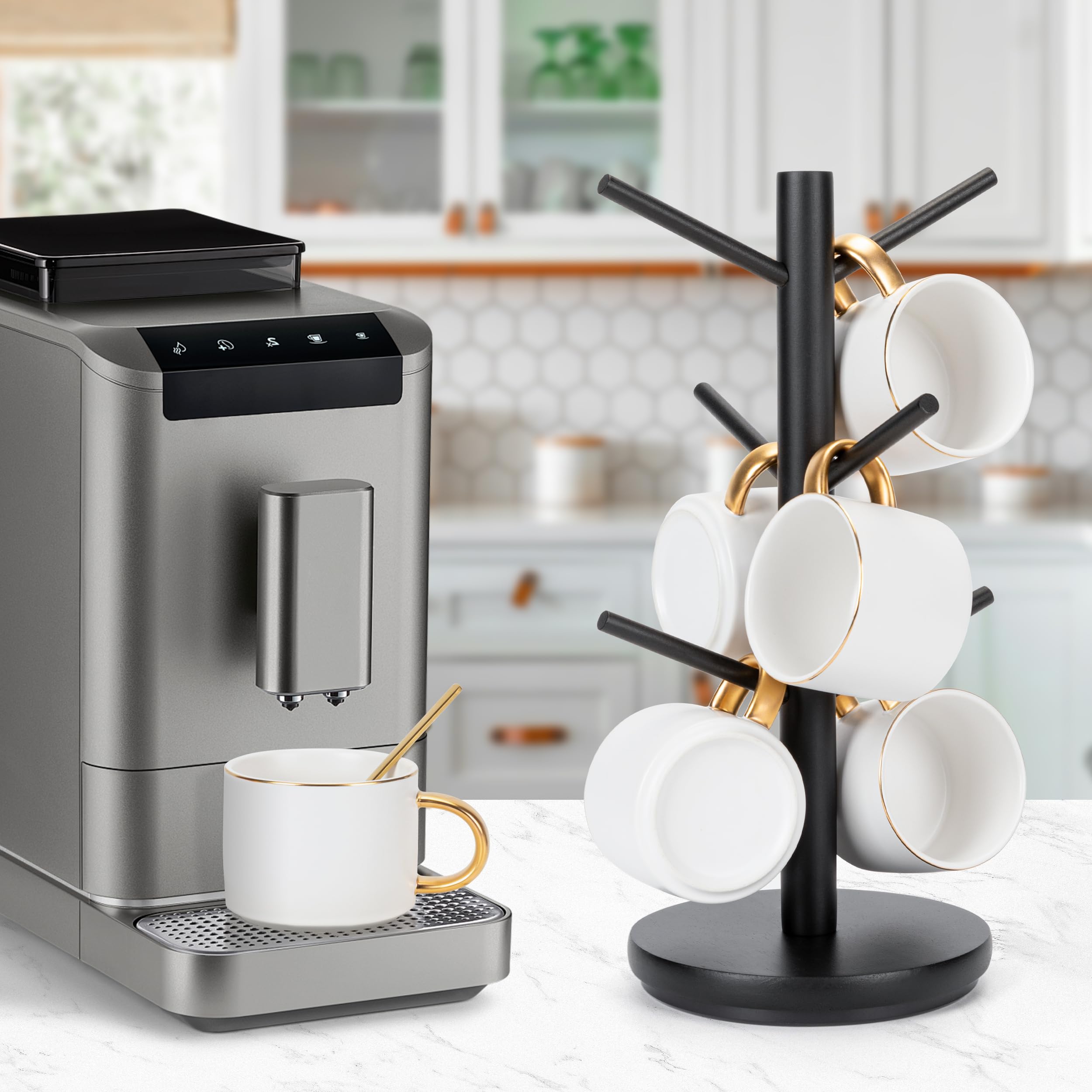 MyLifeUNIT 360° Rotating Mug Holder Tree with 6 Hooks - Wooden Coffee Cup Organizer for Countertop & Coffee Bar - Perfect for Kitchen, Office, or Cafe (Black)