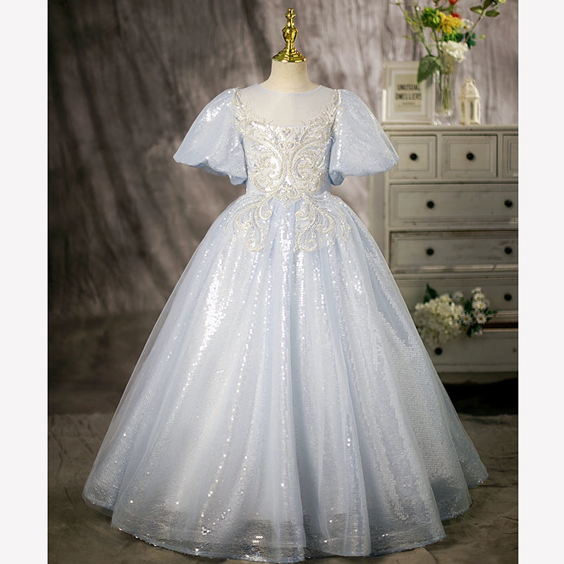 Dusty Blue Princess Round Floor Length Sequined Flower Girl Dress for Weddings, Pageants & Special Occasions