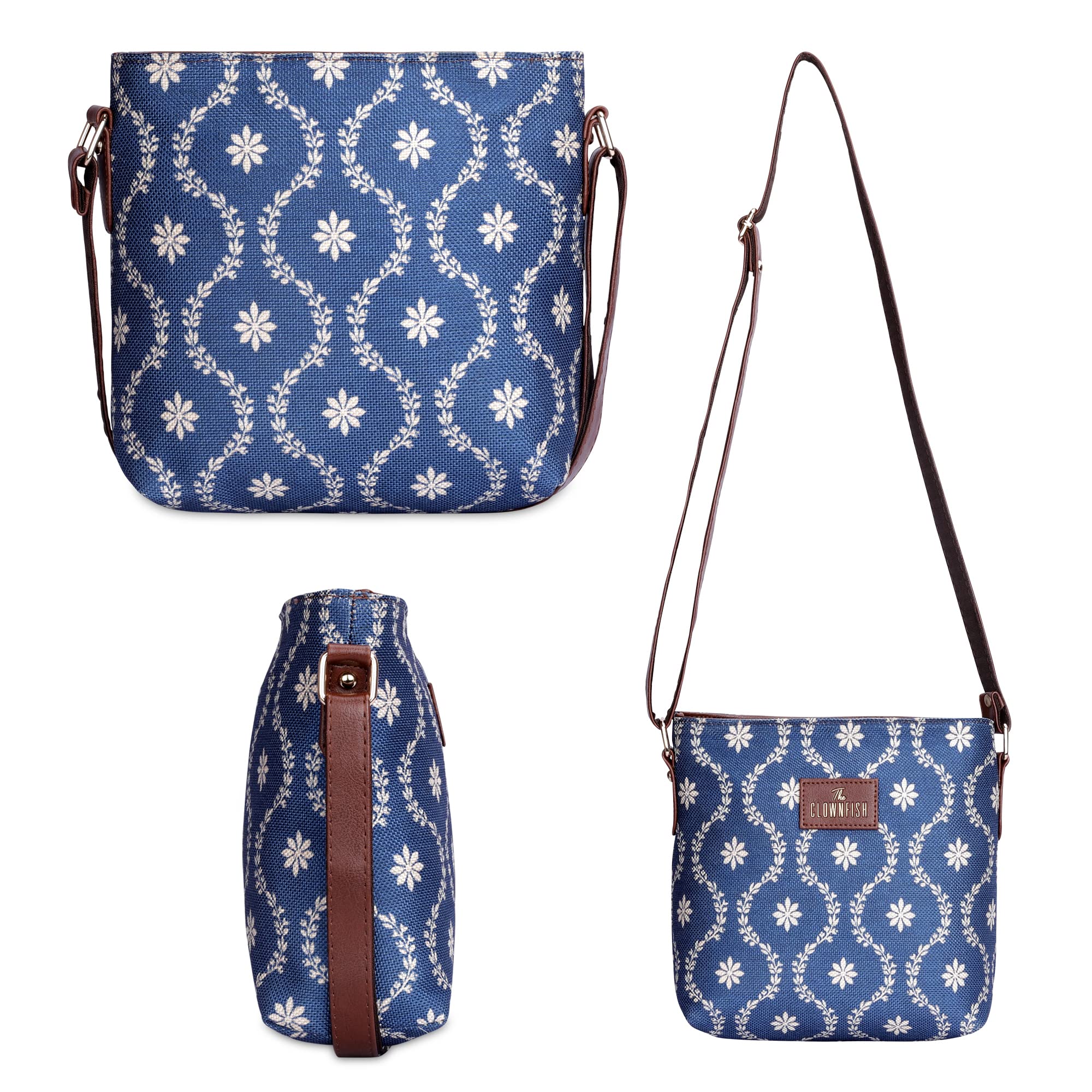 THE CLOWNFISH Aahna Printed Handicraft Fabric Crossbody Sling Bag for Women - Adjustable Shoulder Strap, Casual & Party Purse - Perfect for College Girls, Daily Use & Special Occasions (Royal Blue)