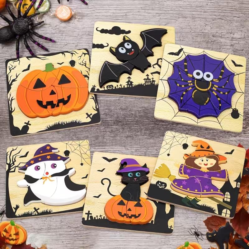 6PCS Wooden Puzzles for Kids - Halloween Birthday Gifts & Learning Toys for Toddlers - Perfect for Preschool Playtime