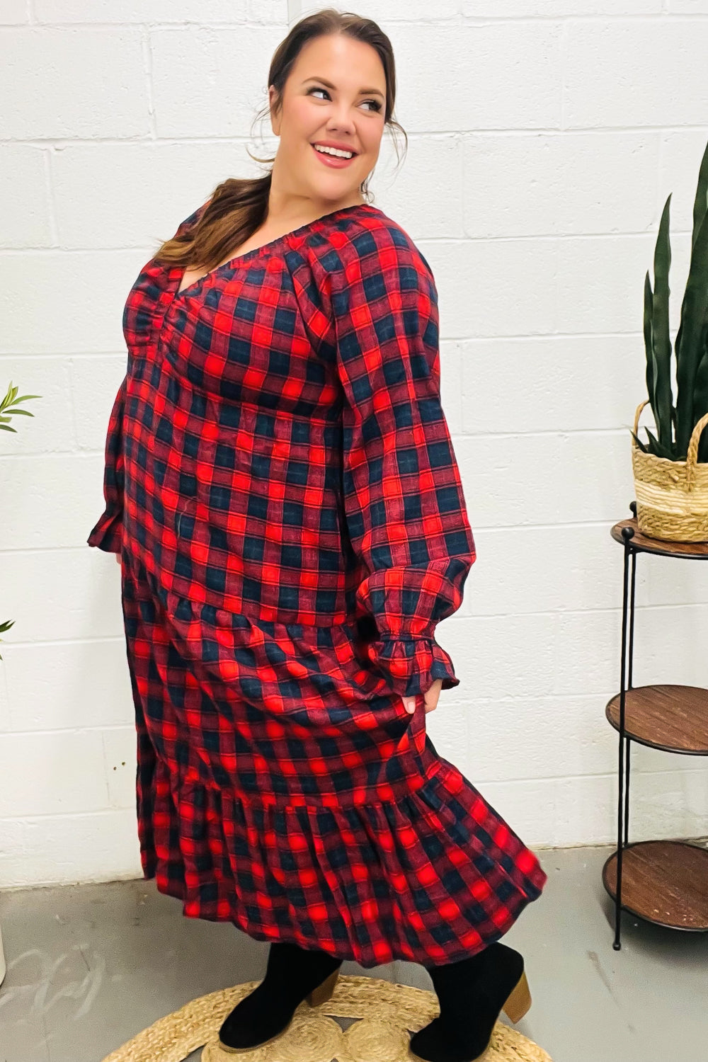 Stylish Red Plaid Elastic V-Neck Tiered Maxi Dress for Women | Flowy Long Summer Dress | Perfect for Beach, Vacation & Casual Outings