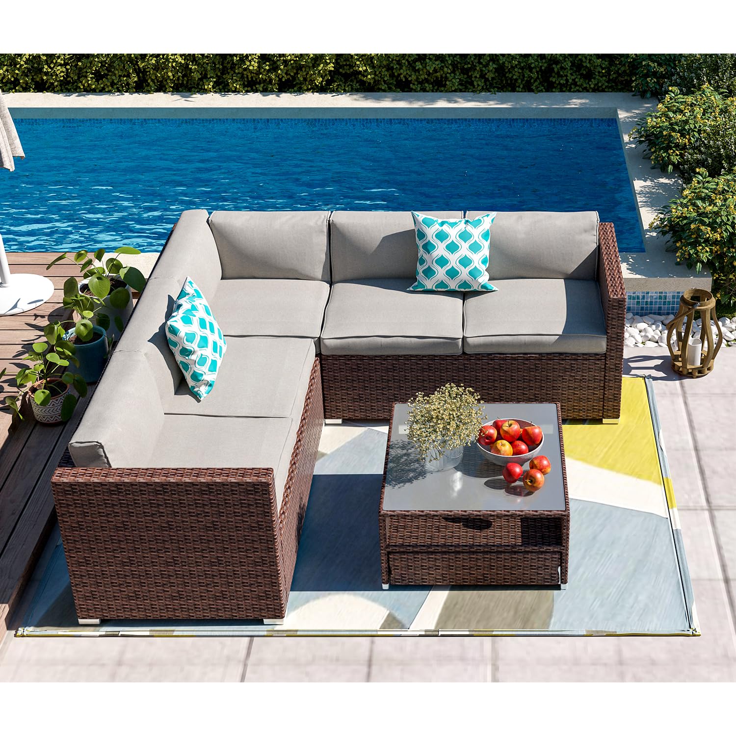 HOMPUS 6-Piece Outdoor Patio Furniture Set - Brown Modular Rattan Sectional Sofa with Gray Cushions, Wicker Conversation Set & Glass Coffee Table, Includes 2 Pillows - Perfect for Garden, Deck, Backyard & Poolside Relaxation