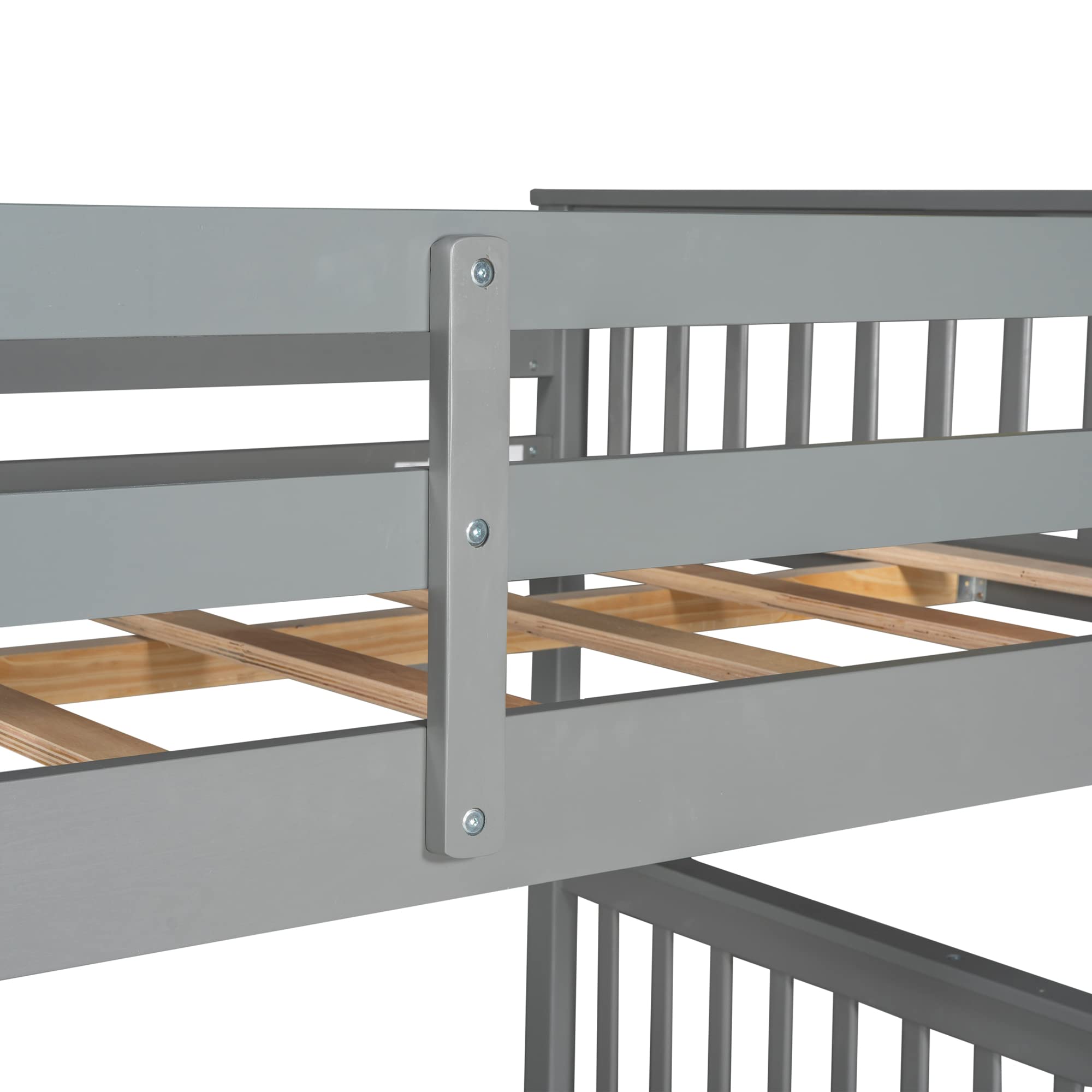 P PURLOVE Full Over Full Bunk Bed with 2 Drawers & Ladder - Convertible to 2 Full Beds - Solid Wood Frame with Slat Support - No Box Spring Needed - Space Saving Gray Bunk Bed for Kids, Teens & Guest Rooms