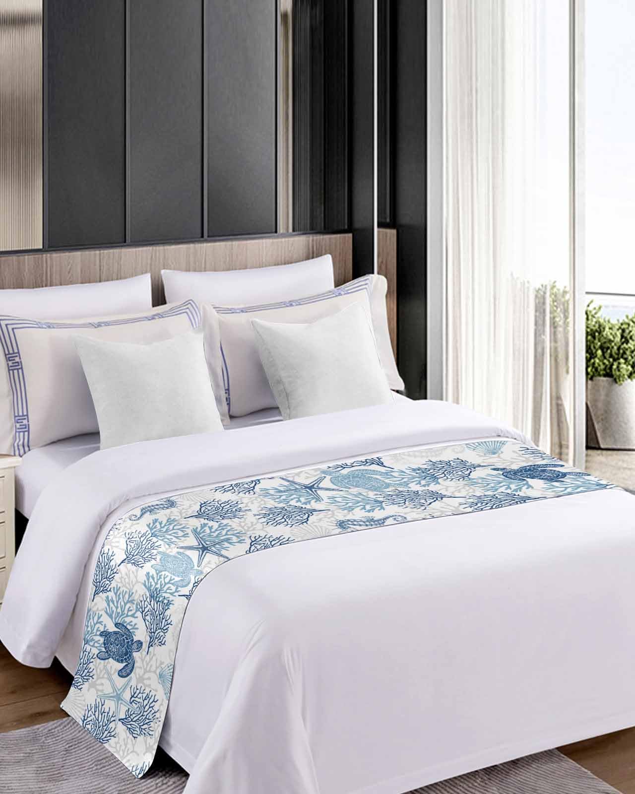 Navy Blue & Grey Coastal Bed Runner for California King Size Beds - 102 x 20 Inch Nautical Sea Turtle Design Summer Beach Bed Scarf Throw - Perfect for Hotels, Guest Rooms & Coastal Home Decor