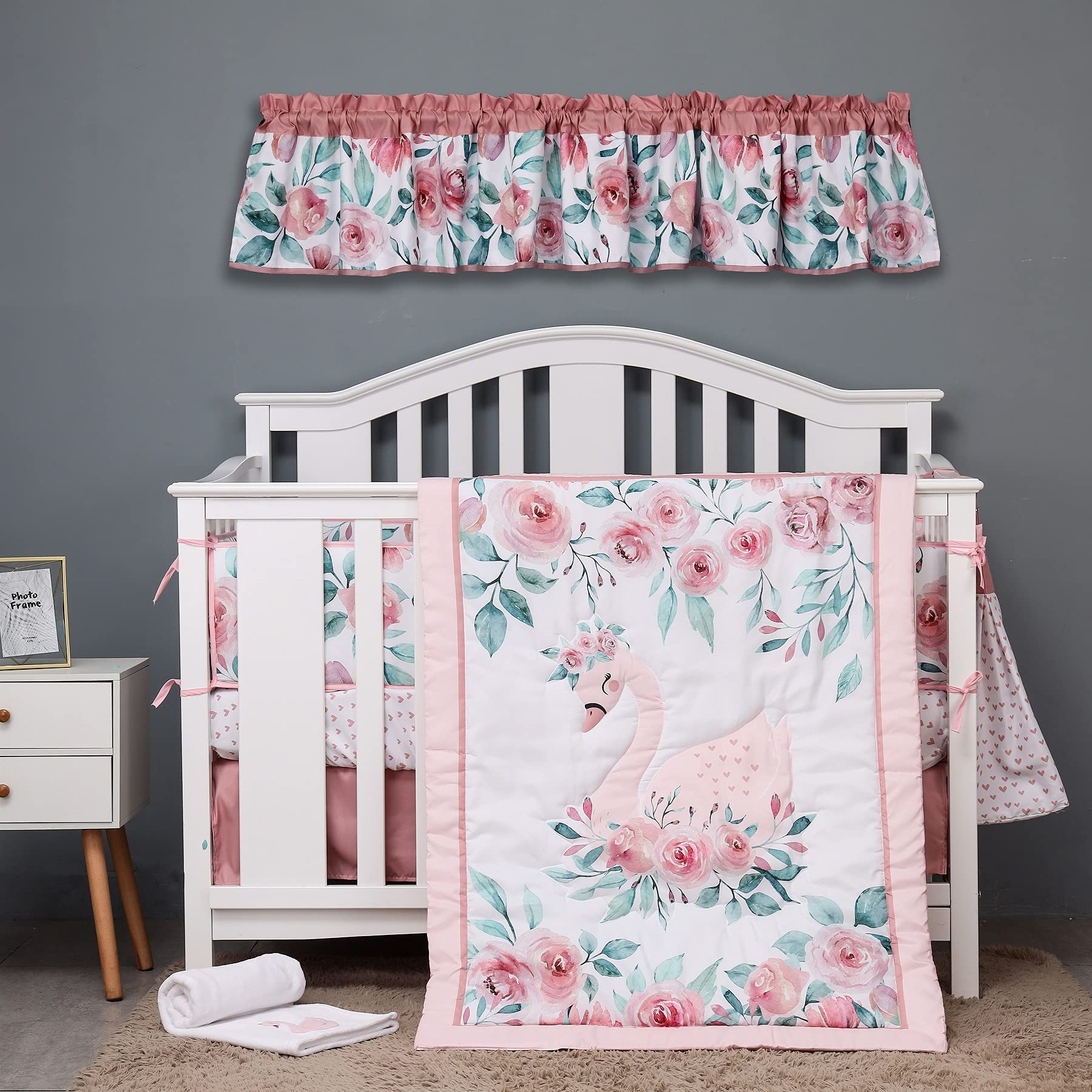 JAHbaby 6-Piece Pink Floral Swan Nursery Crib Bedding Set - Soft Quilt, Fitted Sheet, Skirt, Blanket & Storage Bag for Baby Girl's Room Decor, 28