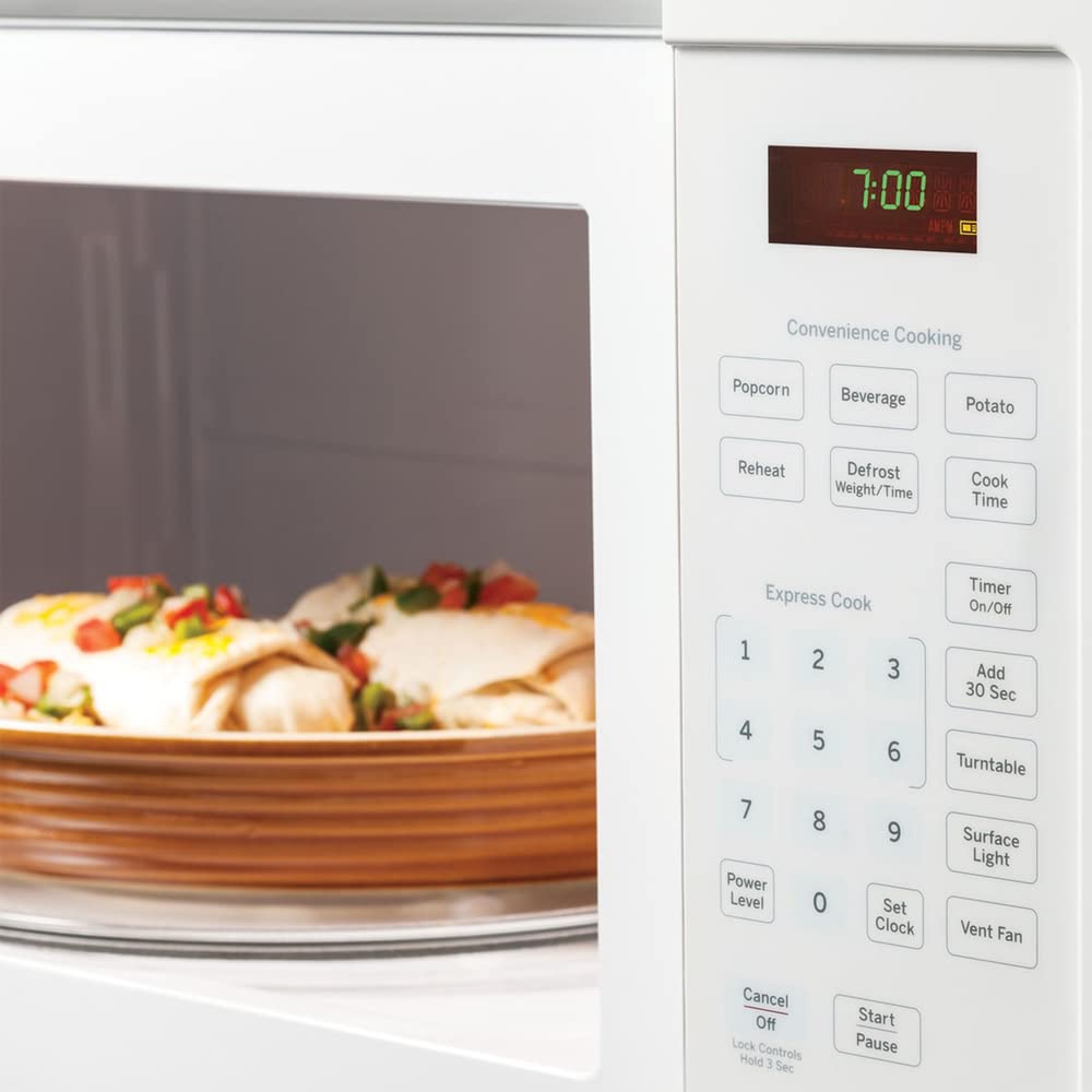 GE JVM3160DFWW 1.6 Cu. Ft. Over-the-Range Microwave Oven in White - Includes Heat Resistant Oven Mitts & 3-Year Protection Plan - Perfect for Kitchen Remodeling & Small Space Cooking