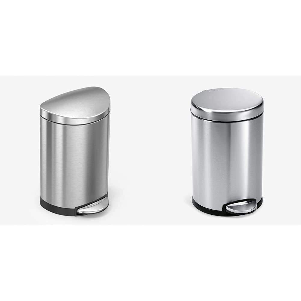 simplehuman 6L/1.6G Semi-Round Step Trash Can & 4.5L/1.2G Round Step Trash Can, Brushed Stainless Steel Bathroom Wastebasket Set - Perfect for Home, Office, and Hotel Use