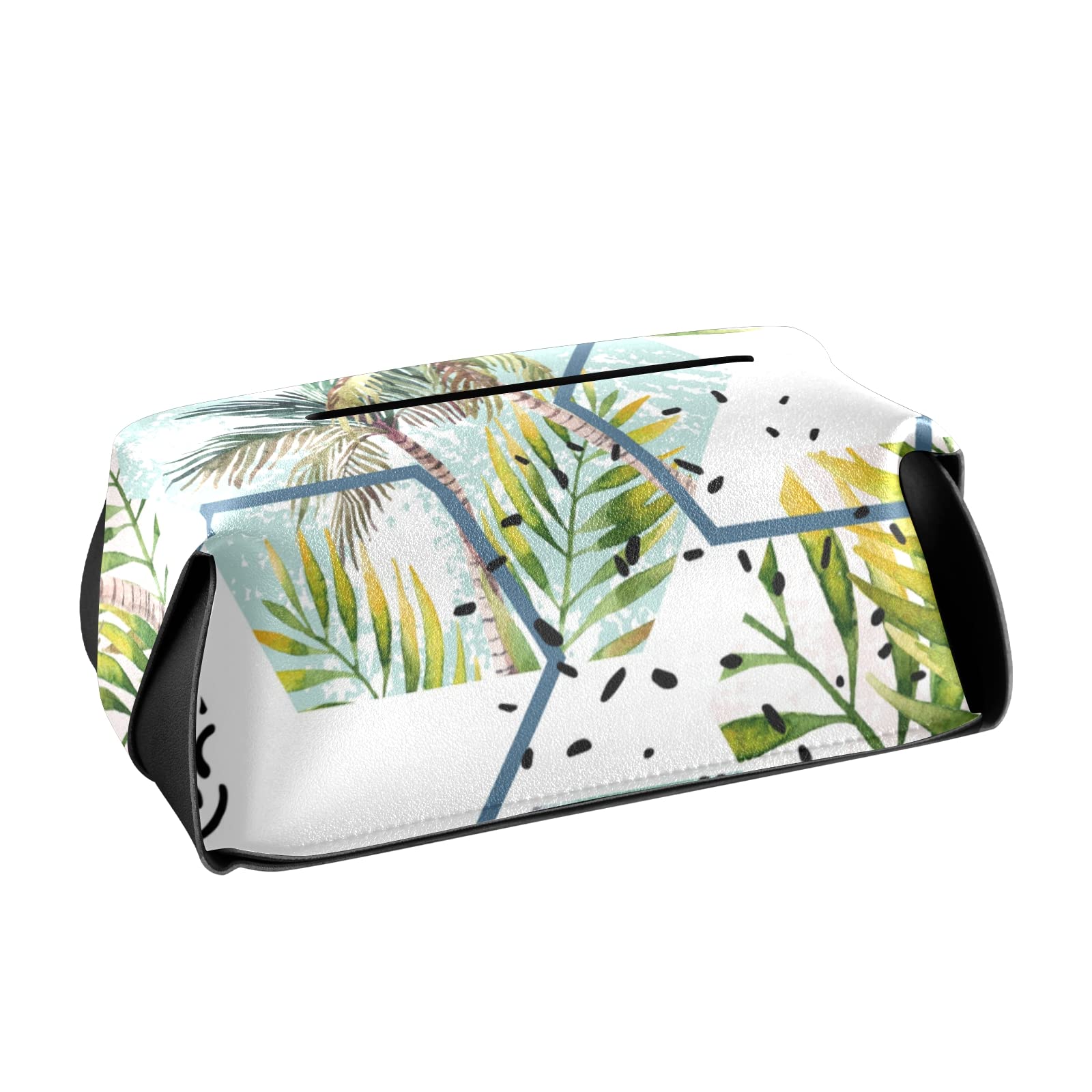 Elegant Hexagon Marble-Pattern Leather Tissue Box Cover with Handle - Tropical Leaves & Palm Tree Design - 9.4x5.1x3.6 inches - Perfect for Bathroom, Nightstand, Vanity, Office Desk & Car