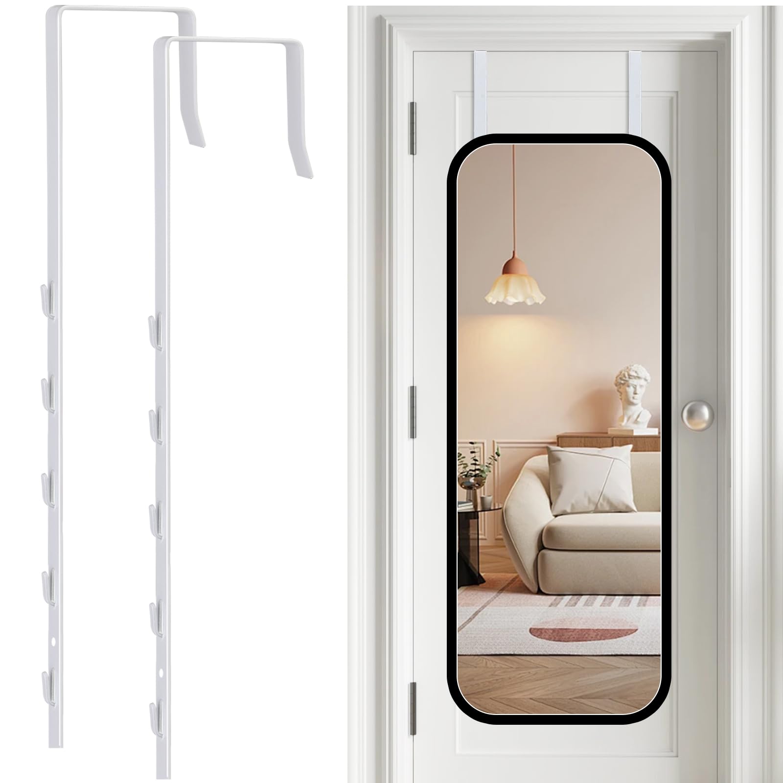 Over-The-Door Mirror Hanger - Adjustable 13.6 Inch White Door Mirror Bracket with Protective Lining (2 Pack) - Scratch-Resistant Design for Perfect Height & Fit - Ideal for Bedroom, Bathroom & Closet Organization (Mirror Not Included)