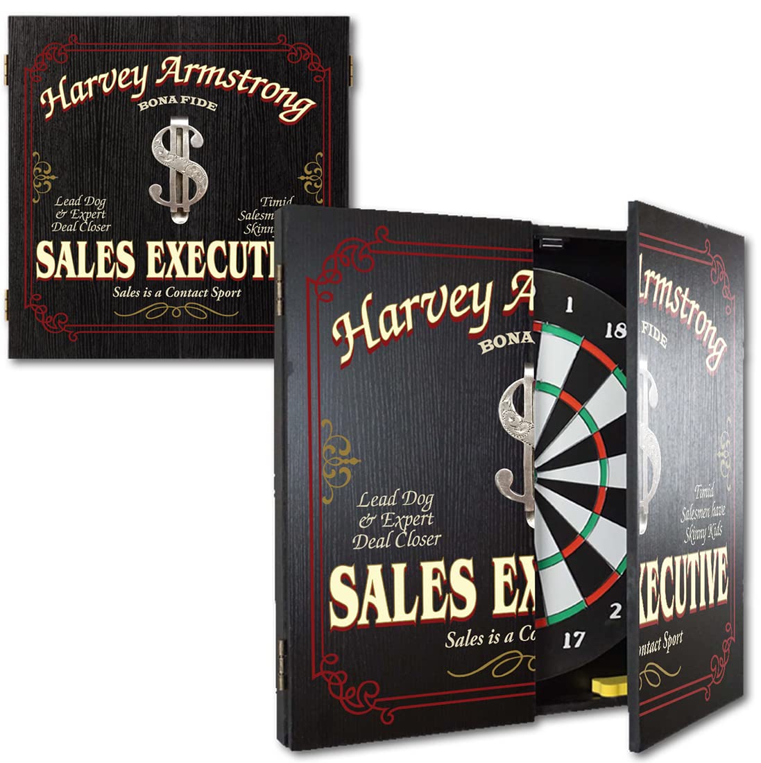 THOUSAND OAKS BARREL CO. Personalized Dartboard Cabinet Set with 6 Steel Tip Darts - Professional Bristle Dart Board for Adults - Includes Eraser & Chalk Scoreboard - Perfect for Game Rooms, Bars, and Home Entertainment