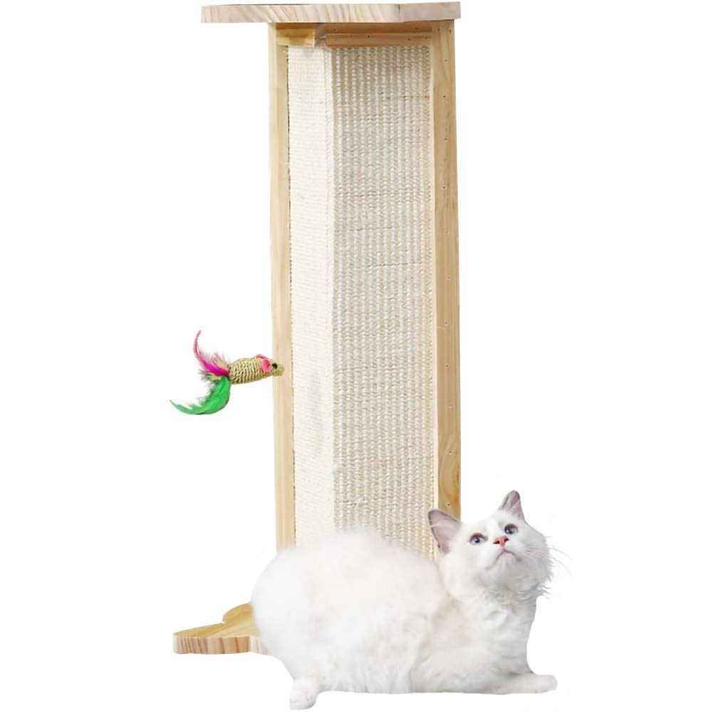 WAYUTO Solid Wood Cat Scratching Post - Sisal Covered Vertical Cat Scratcher for Large Cats, Durable Corner Scratcher with Cat Toys (White, 9.8