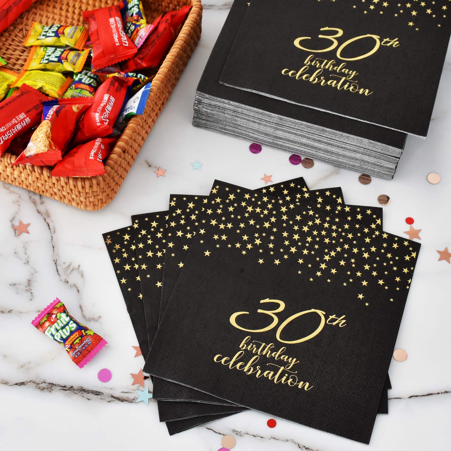 Gatherfun 30th Birthday Party Supplies Set - 30 Disposable Paper Plates, Napkins, Cups, Cutlery & Tablecloth - Black & Gold Decorations for Men & Women (Serves 25) - Perfect for Milestone Birthdays, Anniversary Celebrations & Themed Parties