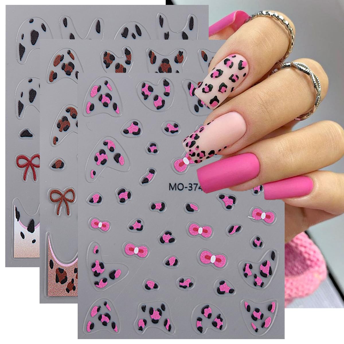 5D Leopard Print Nail Art Stickers - 3PCS Glitter Bow French Tip Nail Decals for Women | Embossed Manicure Sliders | Fall Winter Nail Decorations | Perfect for Parties, Weddings, and Holiday Nail Art Designs