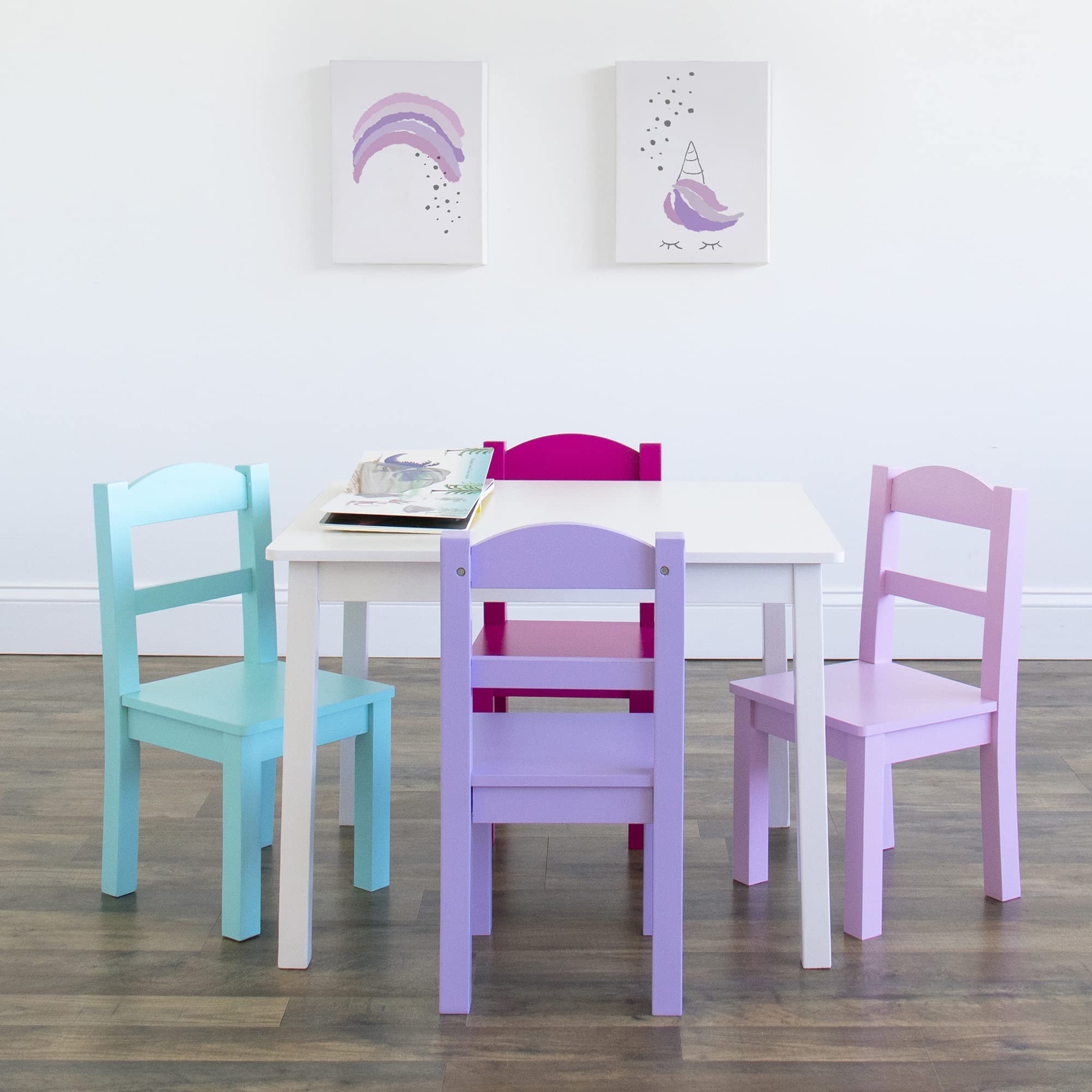 Humble Crew Kids Wood Table and 4 Chairs Set - White, Pink, Purple | Children's Playroom Furniture for Arts, Crafts & Snack Time | Durable Wooden Table & Chair Set for Toddlers & Preschoolers