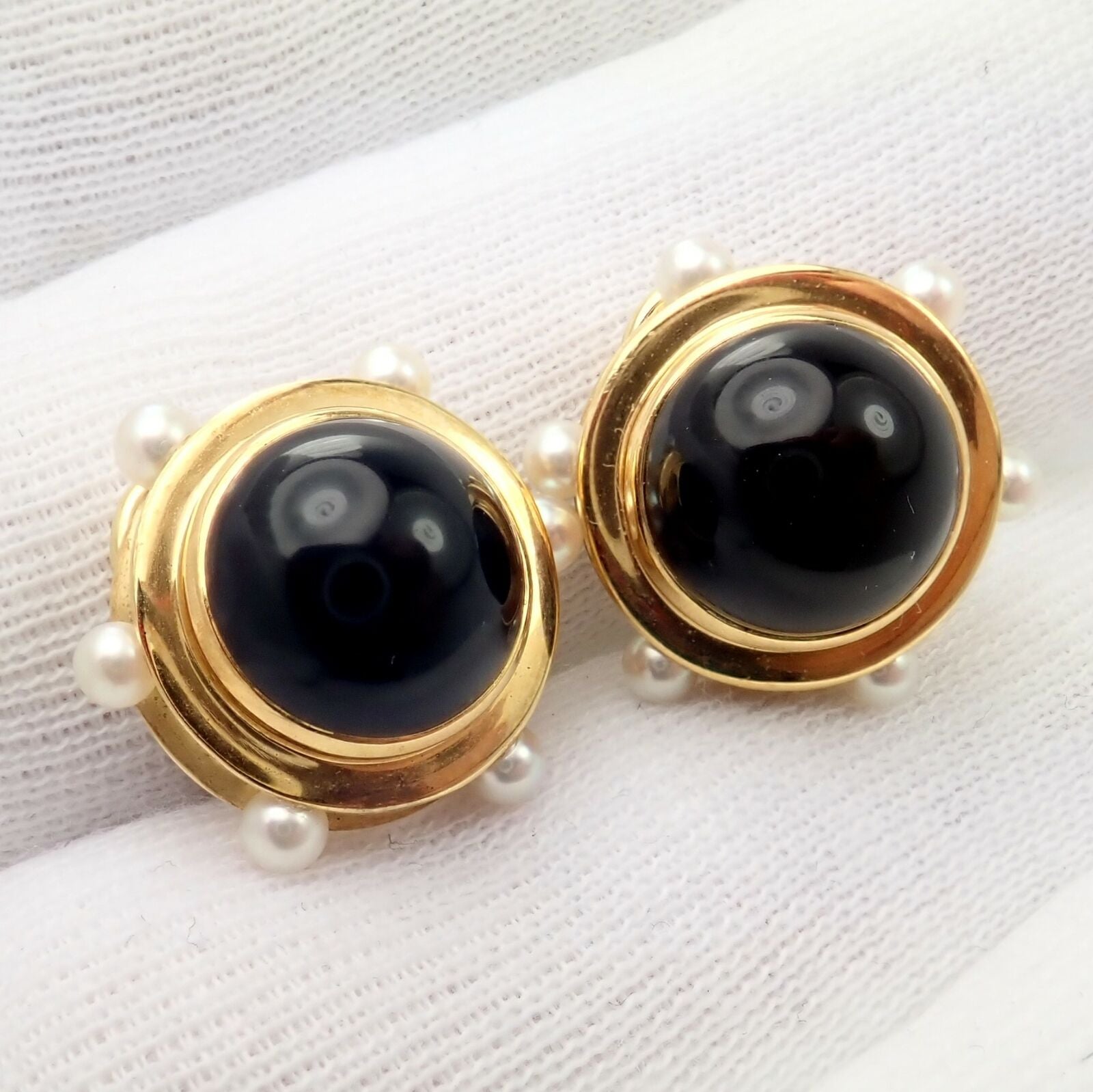Vintage Authentic Tiffany & Co. 18k Yellow Gold Pearl & Onyx Earrings - Rare Luxury Jewelry for Women, Elegant Gift for Anniversary, Wedding & Special Occasions