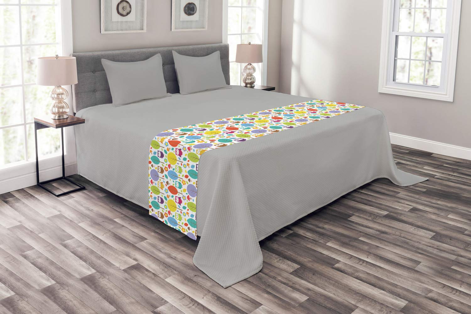 Ambesonne Cartoon Bed Runner - Colorful Forest with Owls, Trees, Leaves, Mushrooms & Flowers - Decorative Accent Bedding Scarf for King Size Beds - Perfect for Hotels, Homes & Guestrooms - Adds Whimsical Style to Bedroom Decor