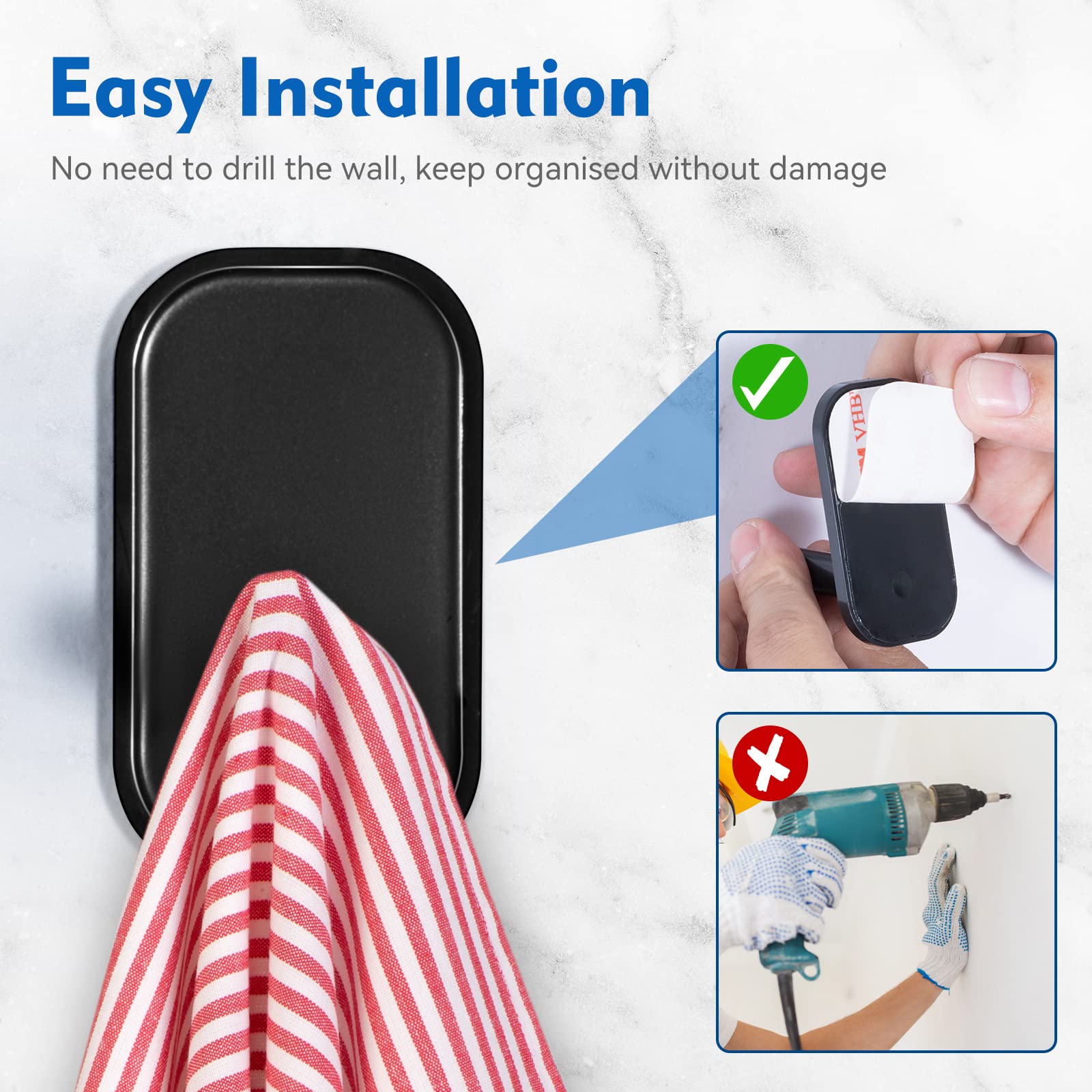 INNÔPLUS 12 Pack Heavy Duty Adhesive Wall Hooks - Strong Stick-On Hooks for Hats, Towels, Coats, Robes & Scarves - Multi-Purpose Utility Hooks for Kitchen, Bathroom, Office, Dorm & Home Organization (Black) | Perfect for Hanging Accessories, Decor & Daily Essentials