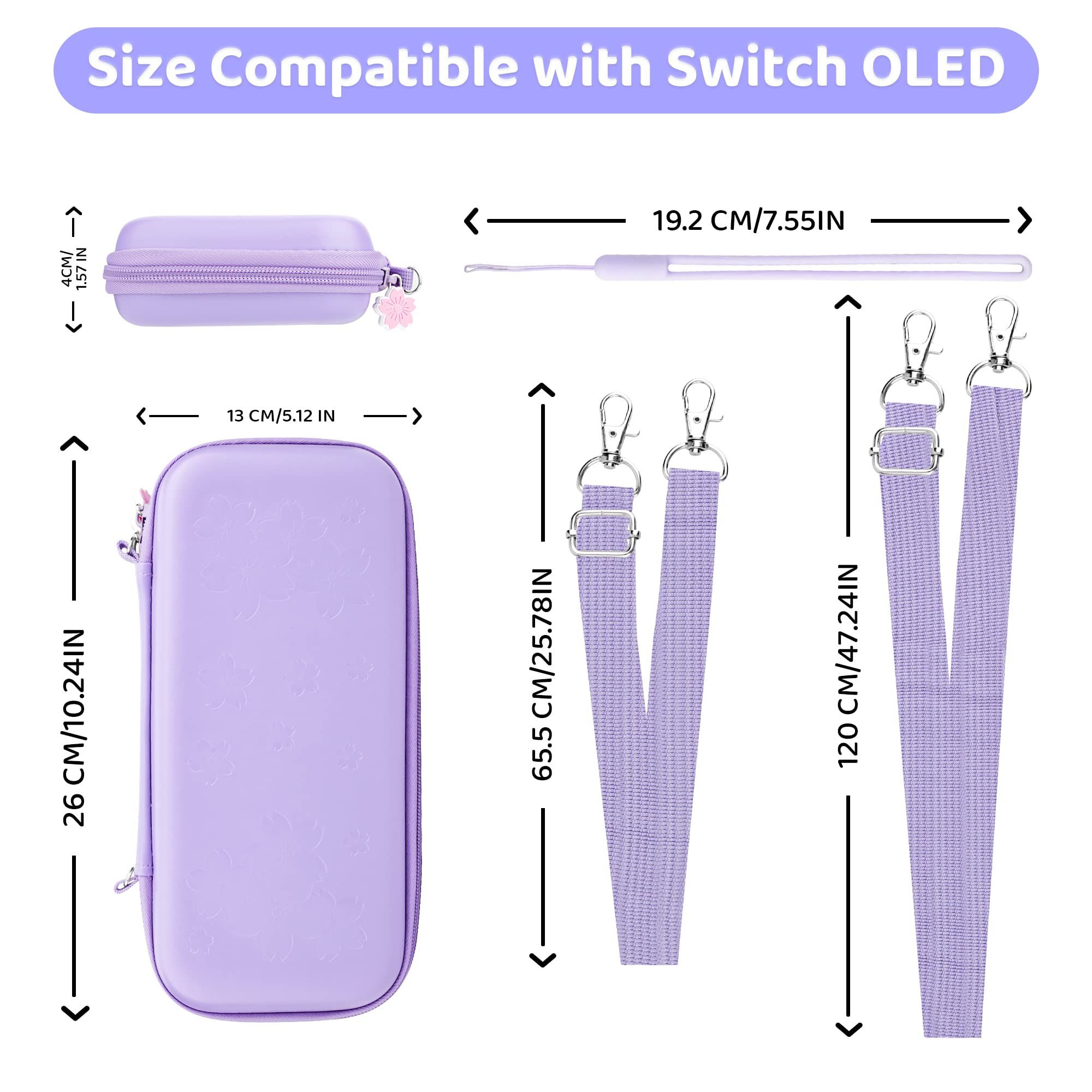 **FUNDIARY Purple Travel Carrying Case for Nintendo Switch OLED – Sakura Design Portable Accessories Kit with Slim Storage Bag, Dockable PC Skin Case, Screen Protector, Shoulder Strap & 4 Thumb Caps – Perfect for Gaming on the Go, Travel, and Home Use**