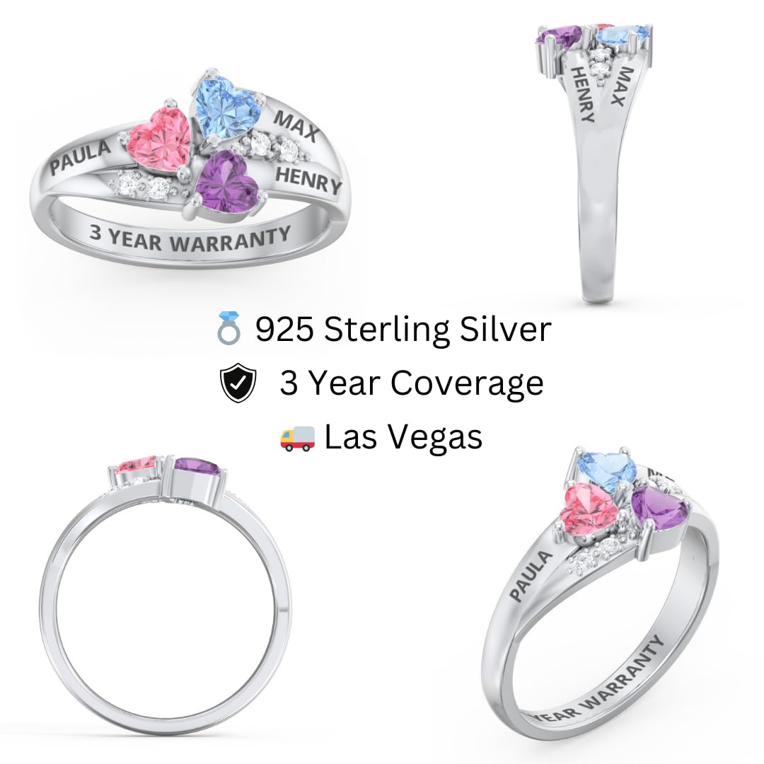 Custom 3 Birthstone Mothers Rings with Engraved Names - Sterling Silver, 10K & 14K White Gold - Personalized Jewelry for Women (Sizes 5-12) - Perfect Gift for Mother's Day, Birthday & Anniversary
