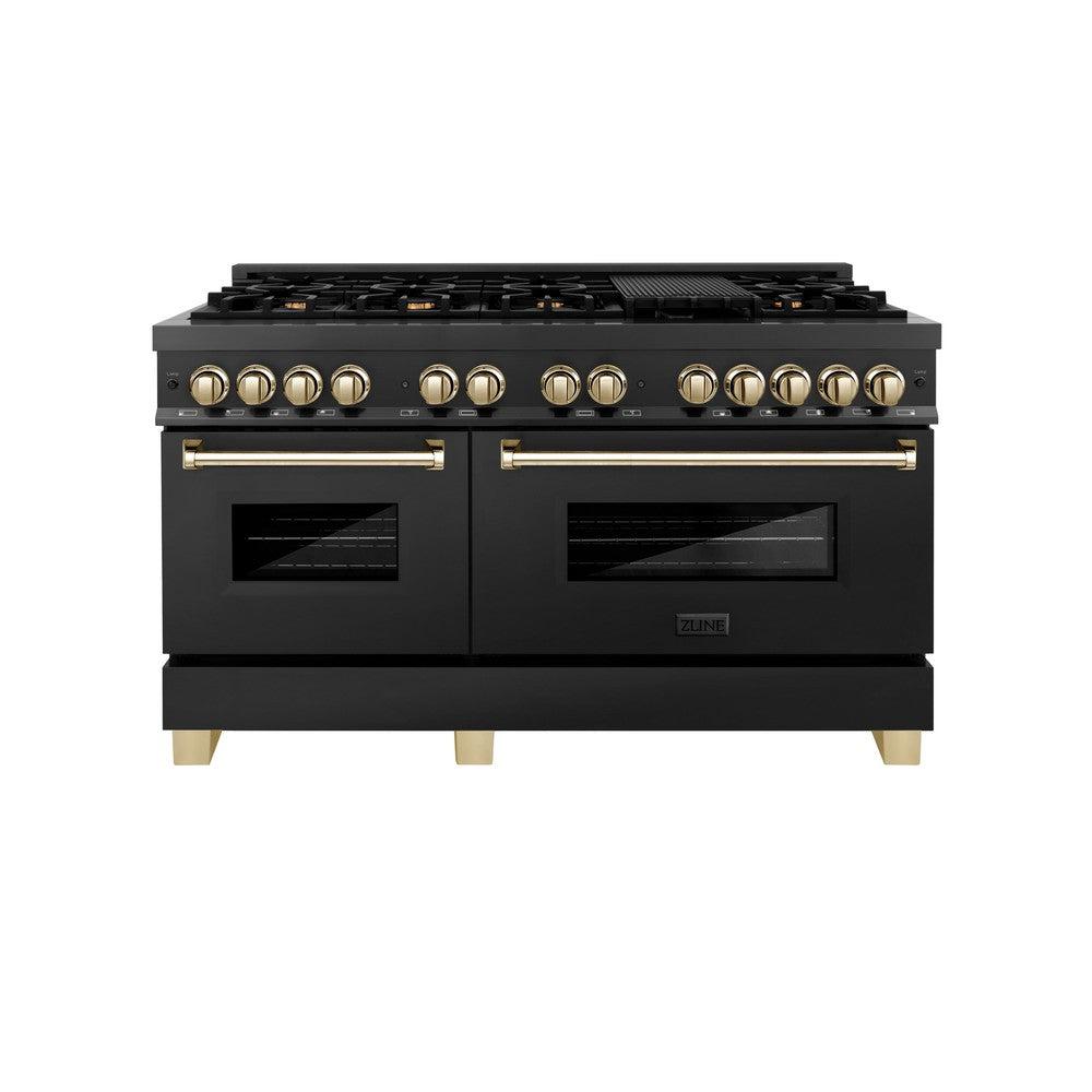 ZLINE Autograph Edition 60-Inch 7.4 cu. ft. Dual Fuel Range - 9 Burner Gas Cooktop & 2 Electric Convection Ovens - Black Stainless Steel with Polished Gold Accents (RABZ 60 G) | Professional Kitchen Appliance for Home Chefs & Culinary Enthusiasts