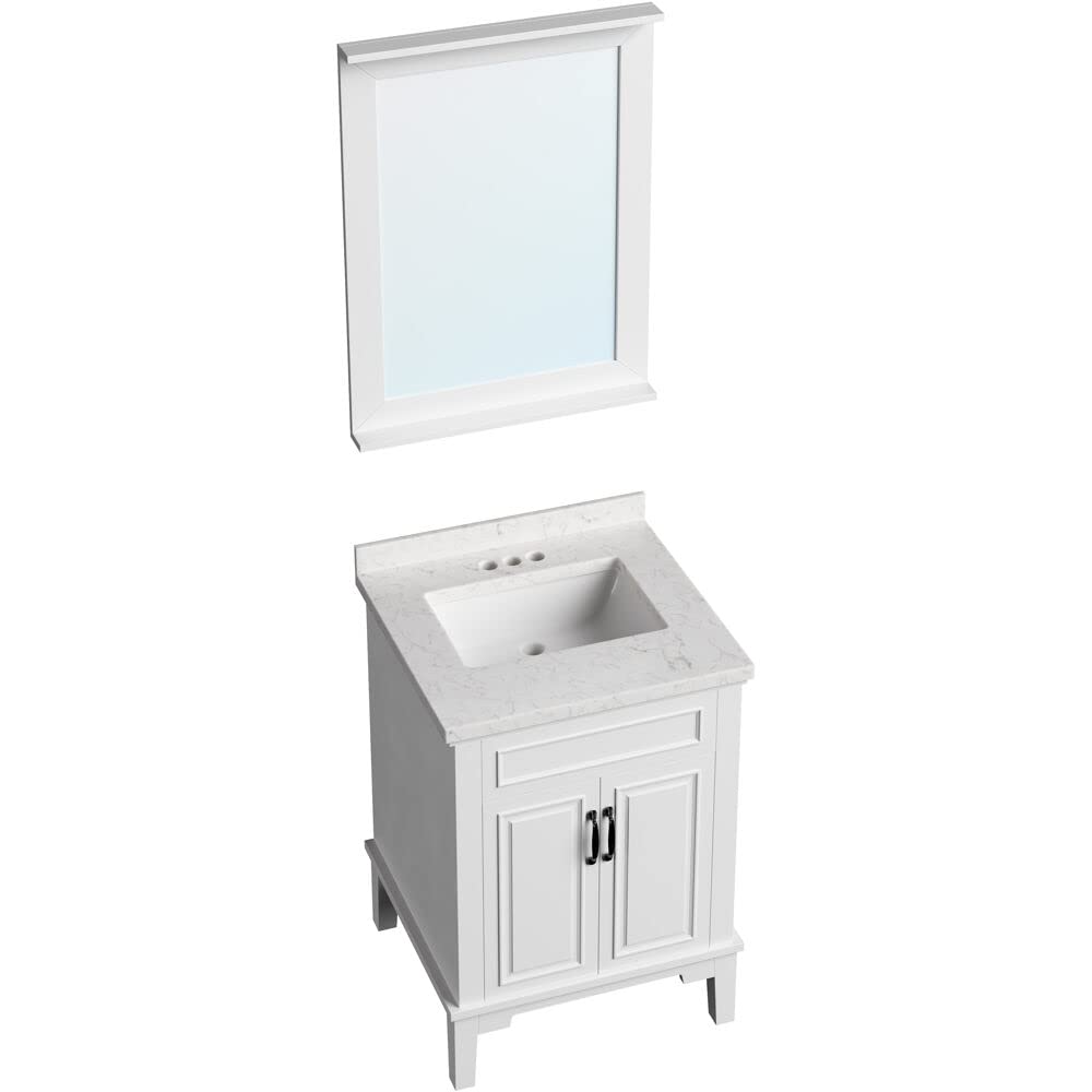 Hanover Lanesboro 24'' White Bathroom Vanity Set with Sink, Mirror & Stone Countertop - Pre-Assembled 2-Door Cabinet for Powder Room or Master Bath | HANVN0105-24-0WH | Perfect for Small Bathrooms & Guest Suites