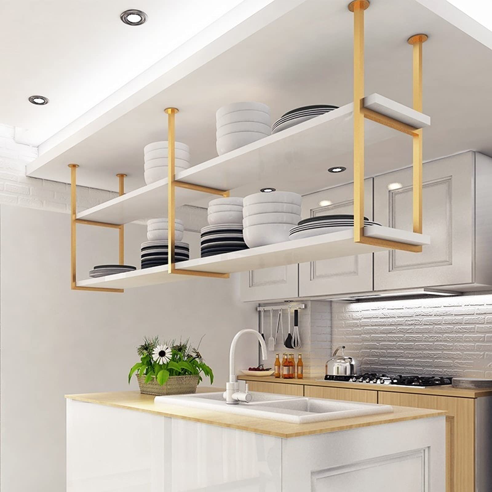 Gold Ceiling-Mounted Floating Shelf - 60x30x80cm (24x12x31 Inch) Multi-Purpose Storage for Wine, Books, Plants & Decor - Perfect for Kitchen, Bar, Bedroom & Living Room Wall Organization
